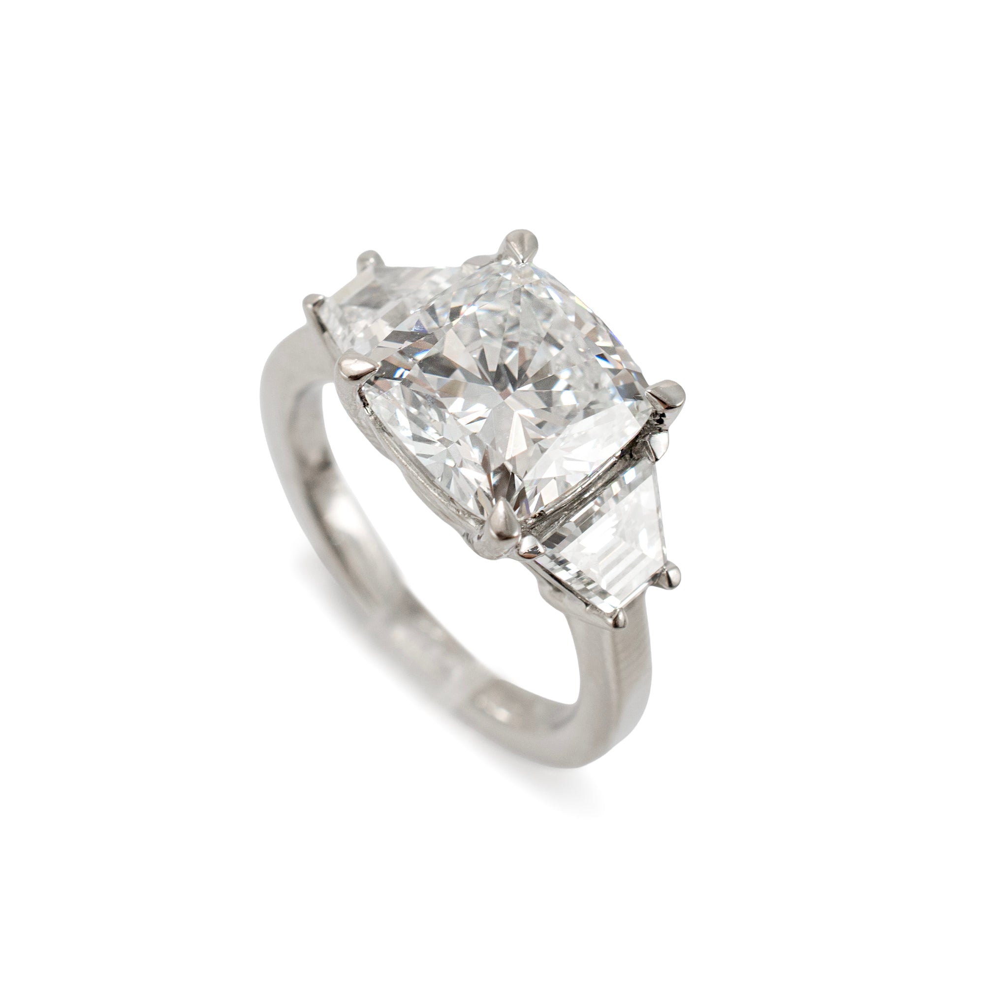 Platinum 5.45ct Cushion Lab Grown Diamond Trapezoid Three Stone Engagement Ring