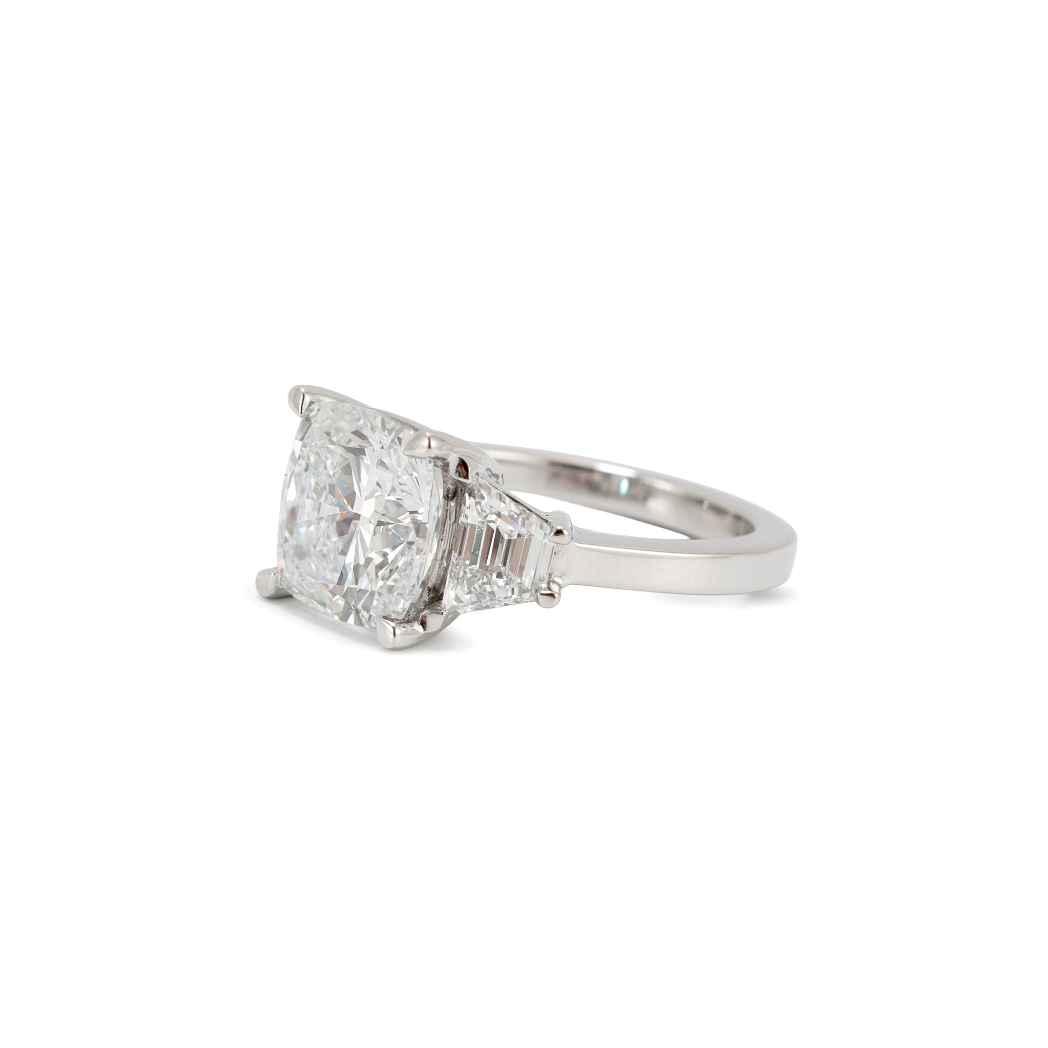 Platinum 5.45ct Cushion Lab Grown Diamond Trapezoid Three Stone Engagement Ring