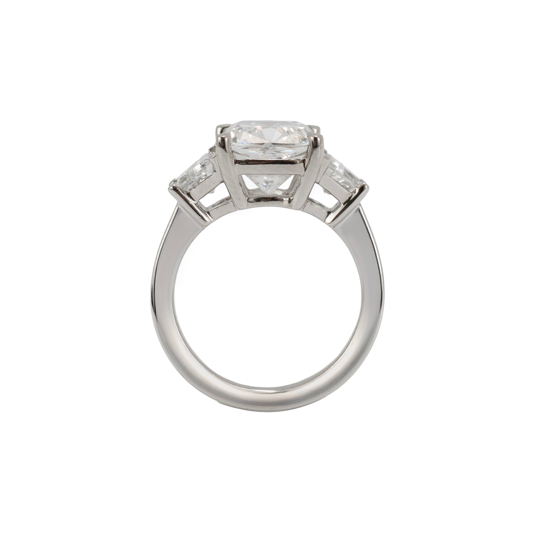 Platinum 5.45ct Cushion Lab Grown Diamond Trapezoid Three Stone Engagement Ring