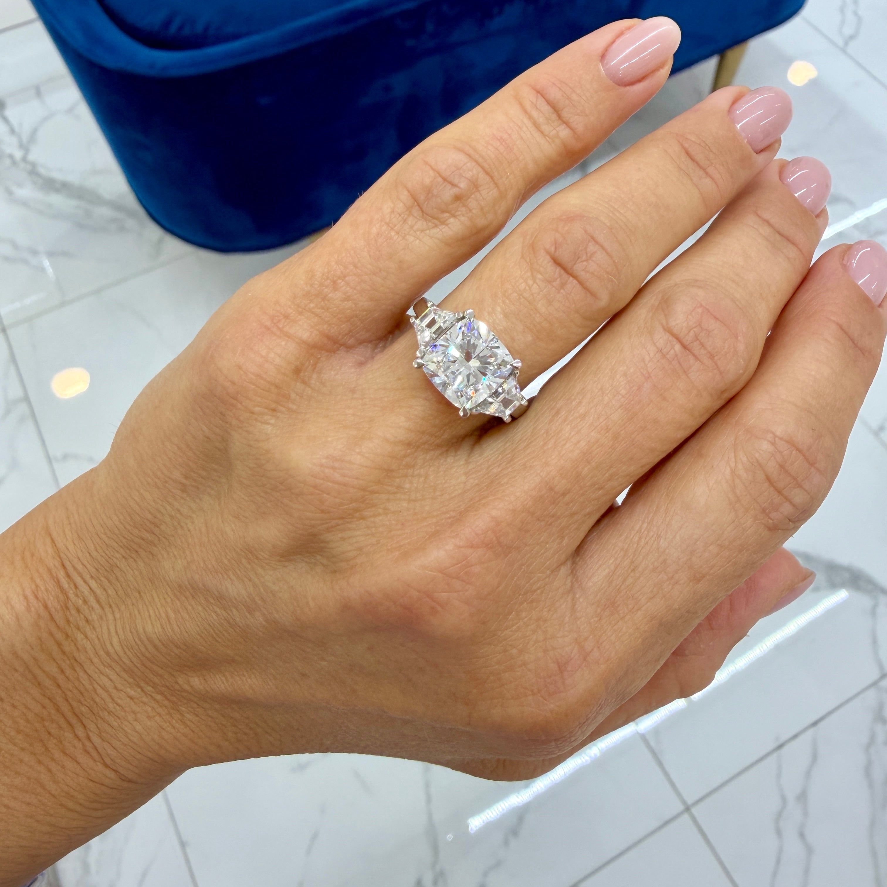 Platinum 5.45ct Cushion Lab Grown Diamond Trapezoid Three Stone Engagement Ring