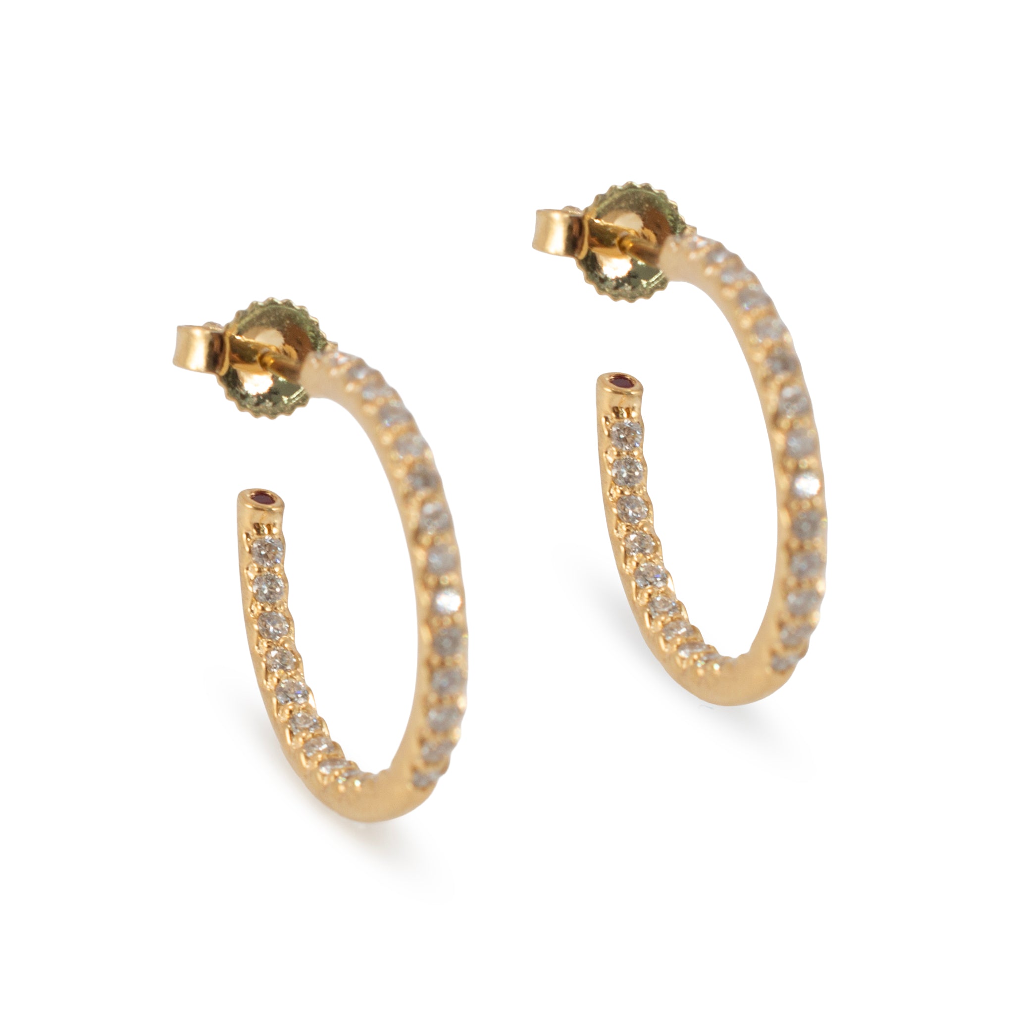 18K Yellow Gold 0.63ctw Pave Diamond and Ruby Open Hoop Earrings