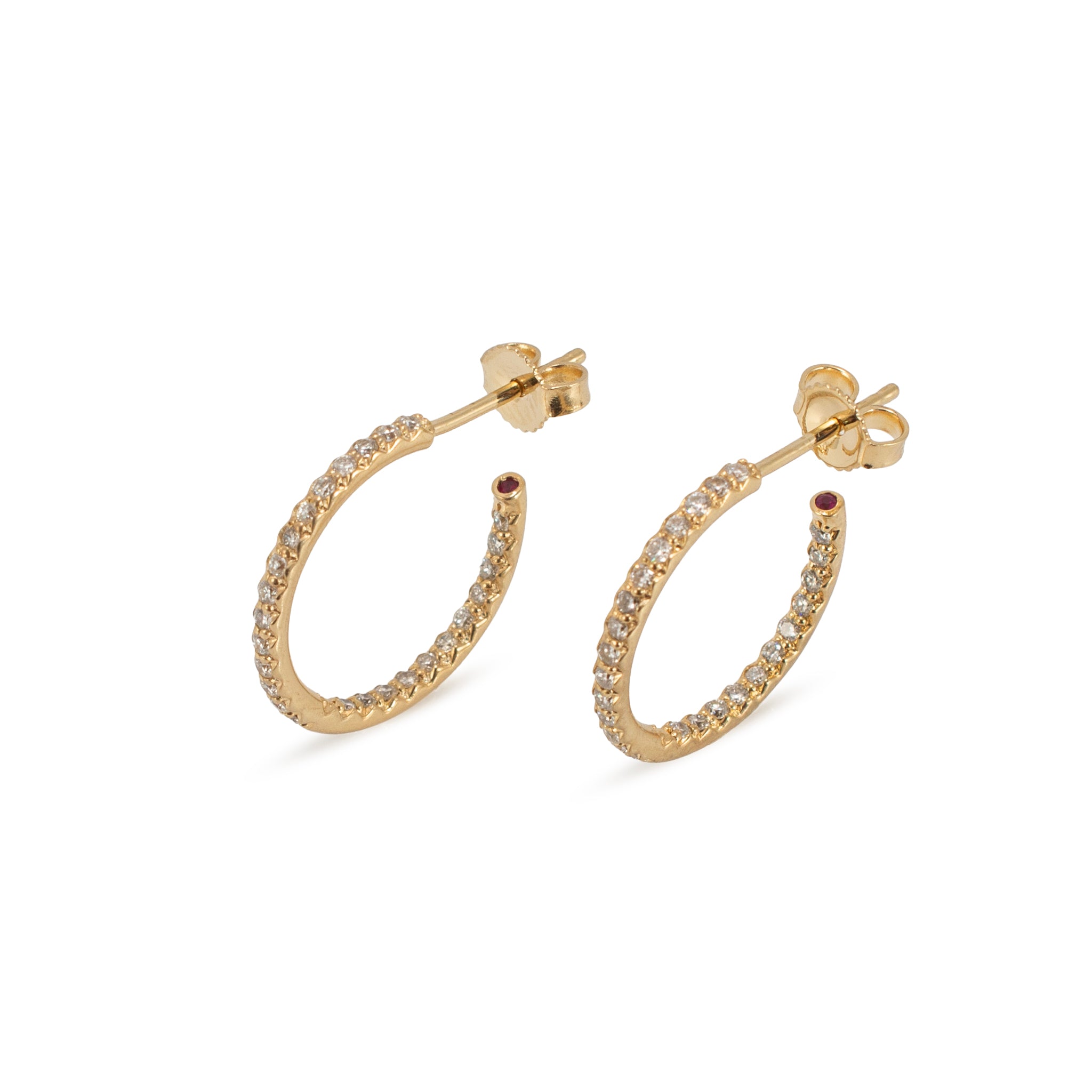 18K Yellow Gold 0.63ctw Pave Diamond and Ruby Open Hoop Earrings