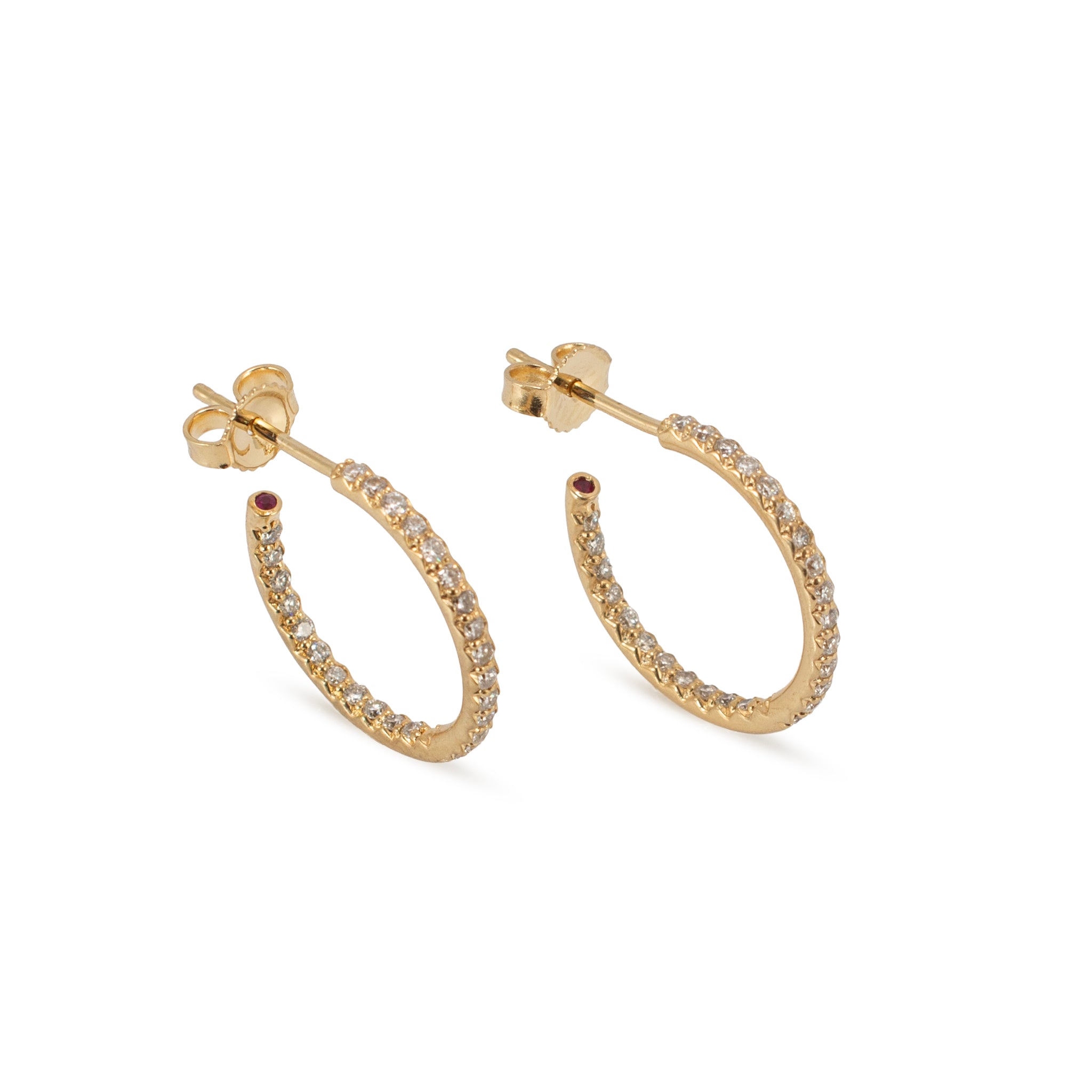 18K Yellow Gold 0.63ctw Pave Diamond and Ruby Open Hoop Earrings