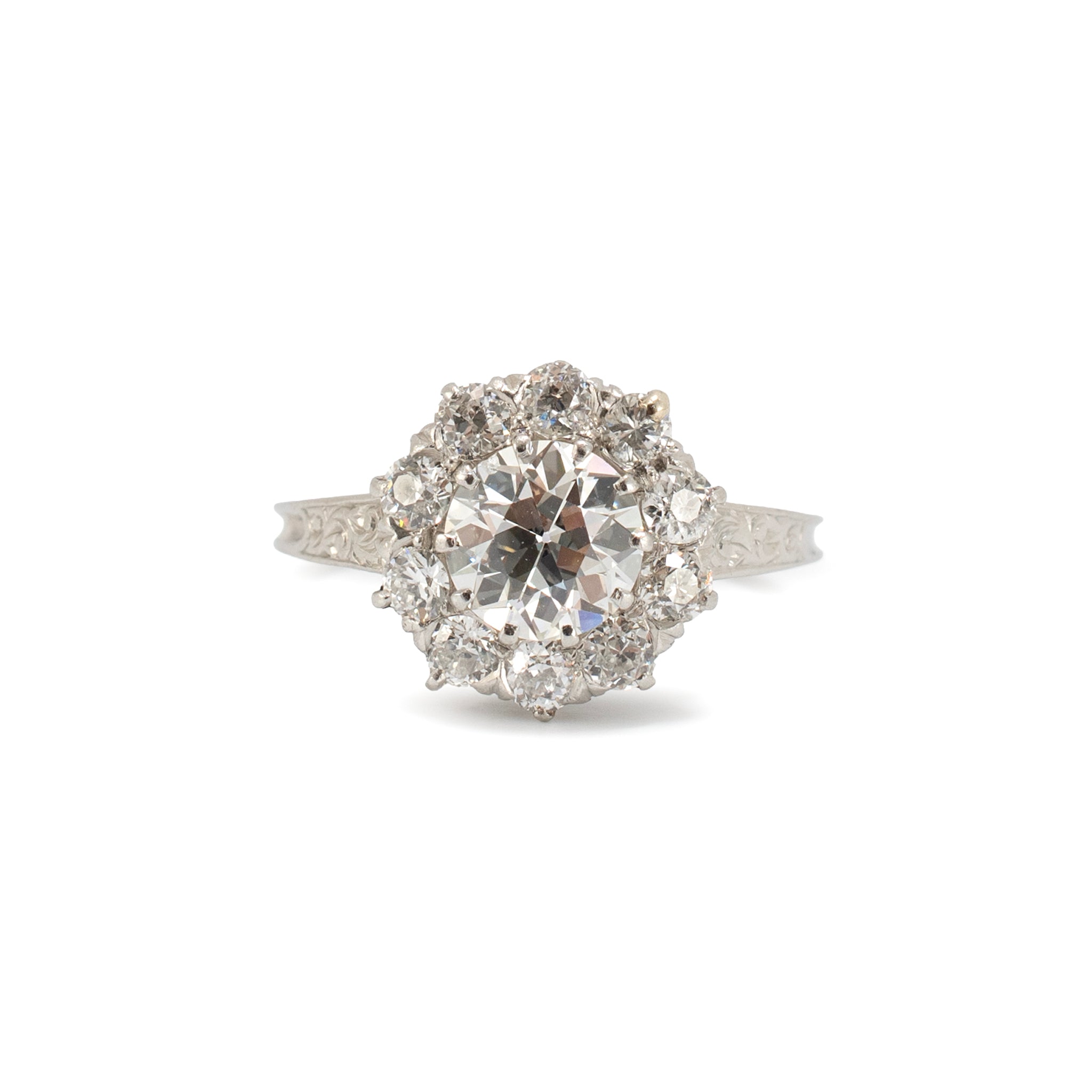 Antuiqe Platinum 1.75ctw Old European Cut Diamond Halo Filigree Engagement Ring