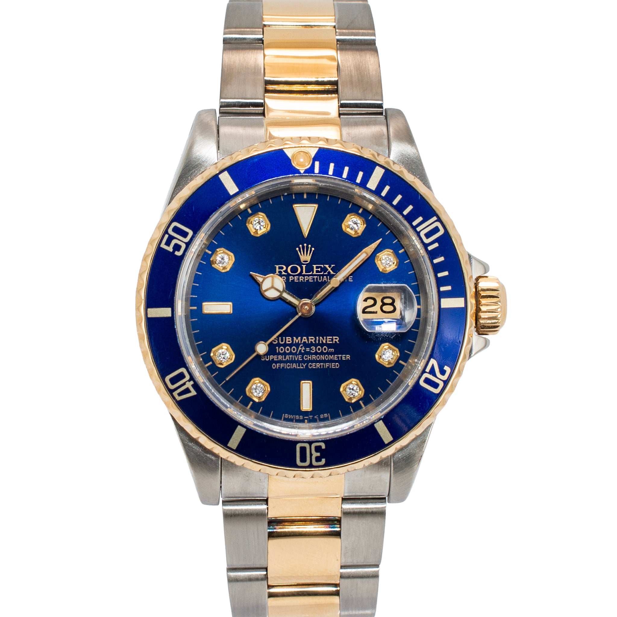 Rolex Submariner Date 40MM 16613LB Blue Diamond Dial Oyster Gold Steel Watch