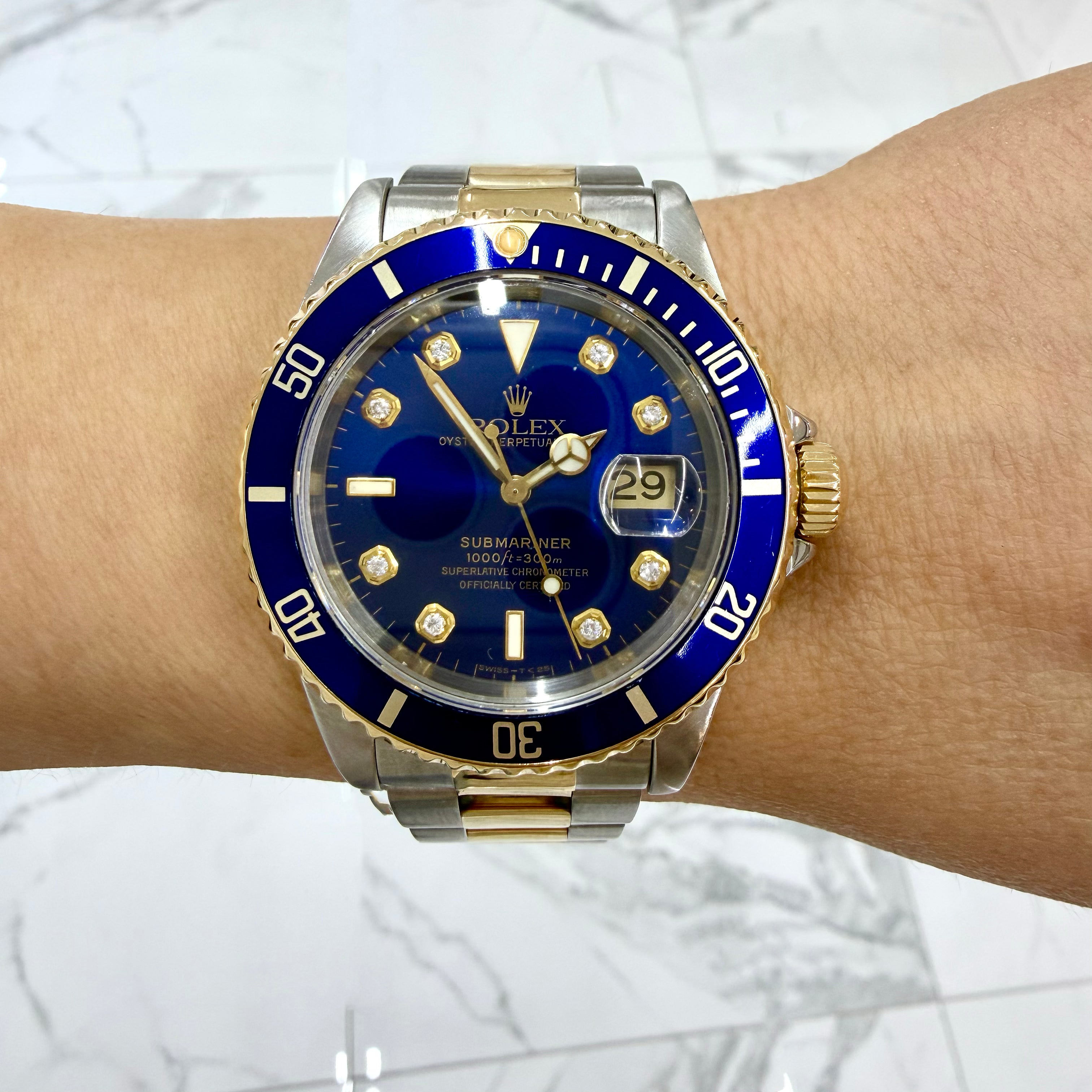 Rolex Submariner Date 40MM 16613LB Blue Diamond Dial Oyster Gold Steel Watch