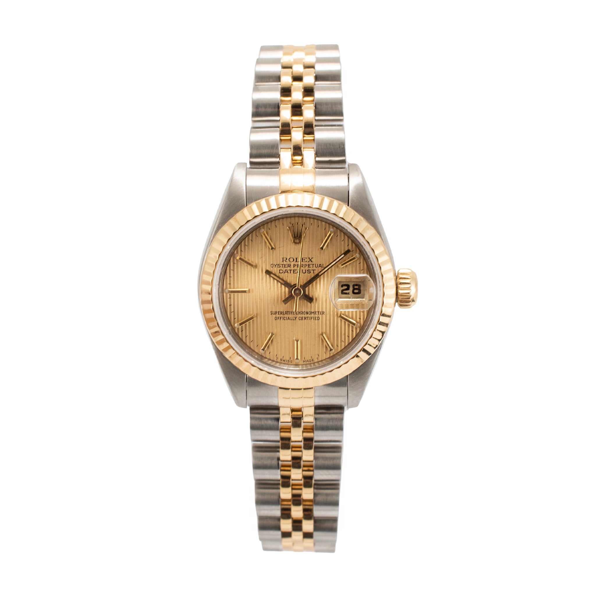 Ladies Rolex Datejust 26MM 69173 Champagne Tapestry Dial Gold Steel Watch