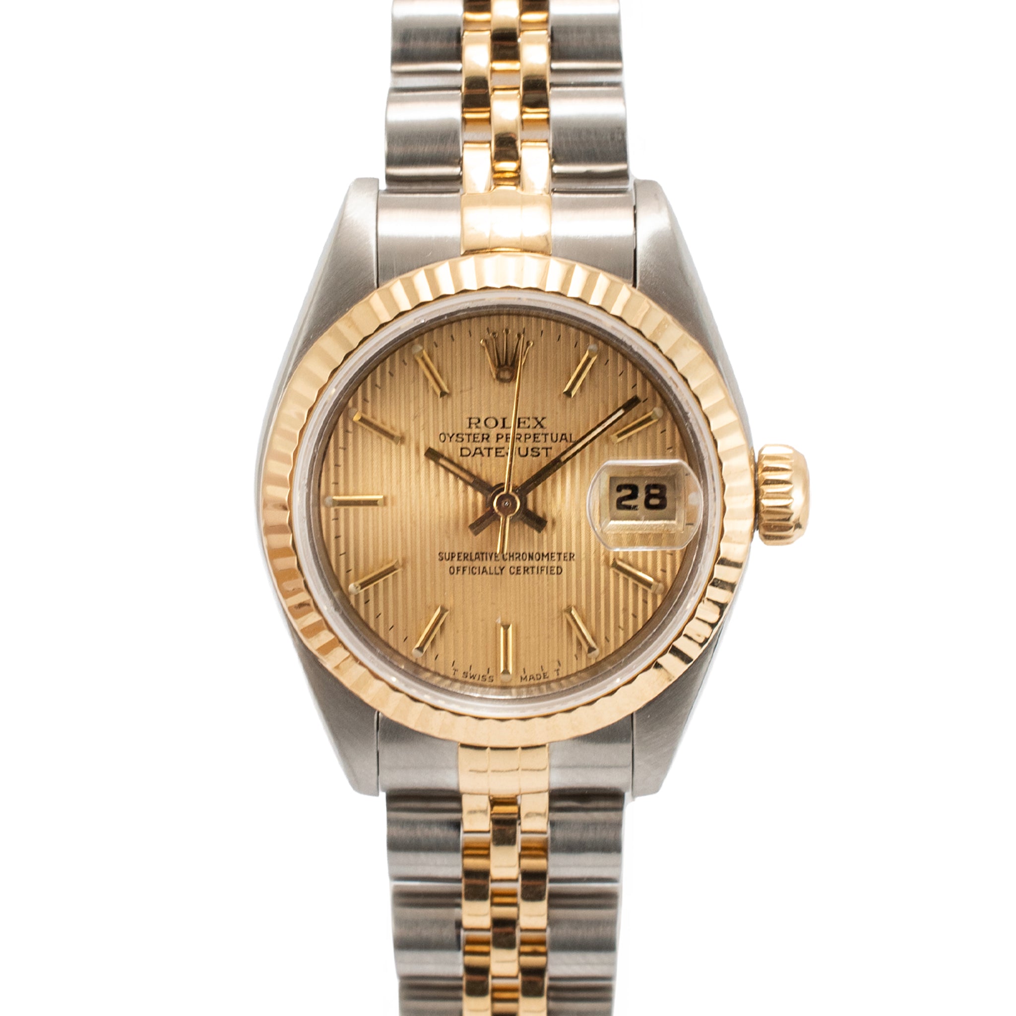 Ladies Rolex Datejust 26MM 69173 Champagne Tapestry Dial Gold Steel Watch