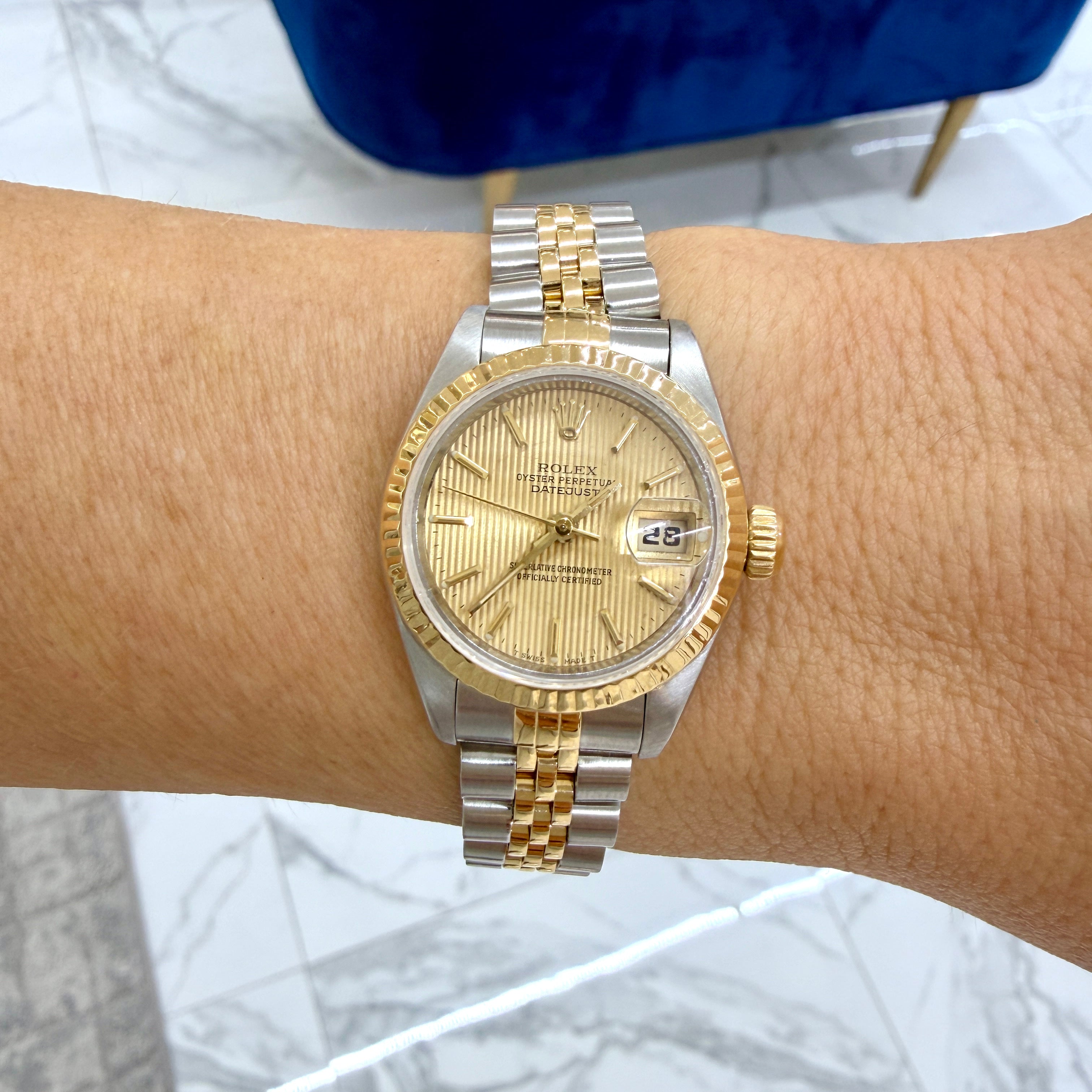 Ladies Rolex Datejust 26MM 69173 Champagne Tapestry Dial Gold Steel Watch
