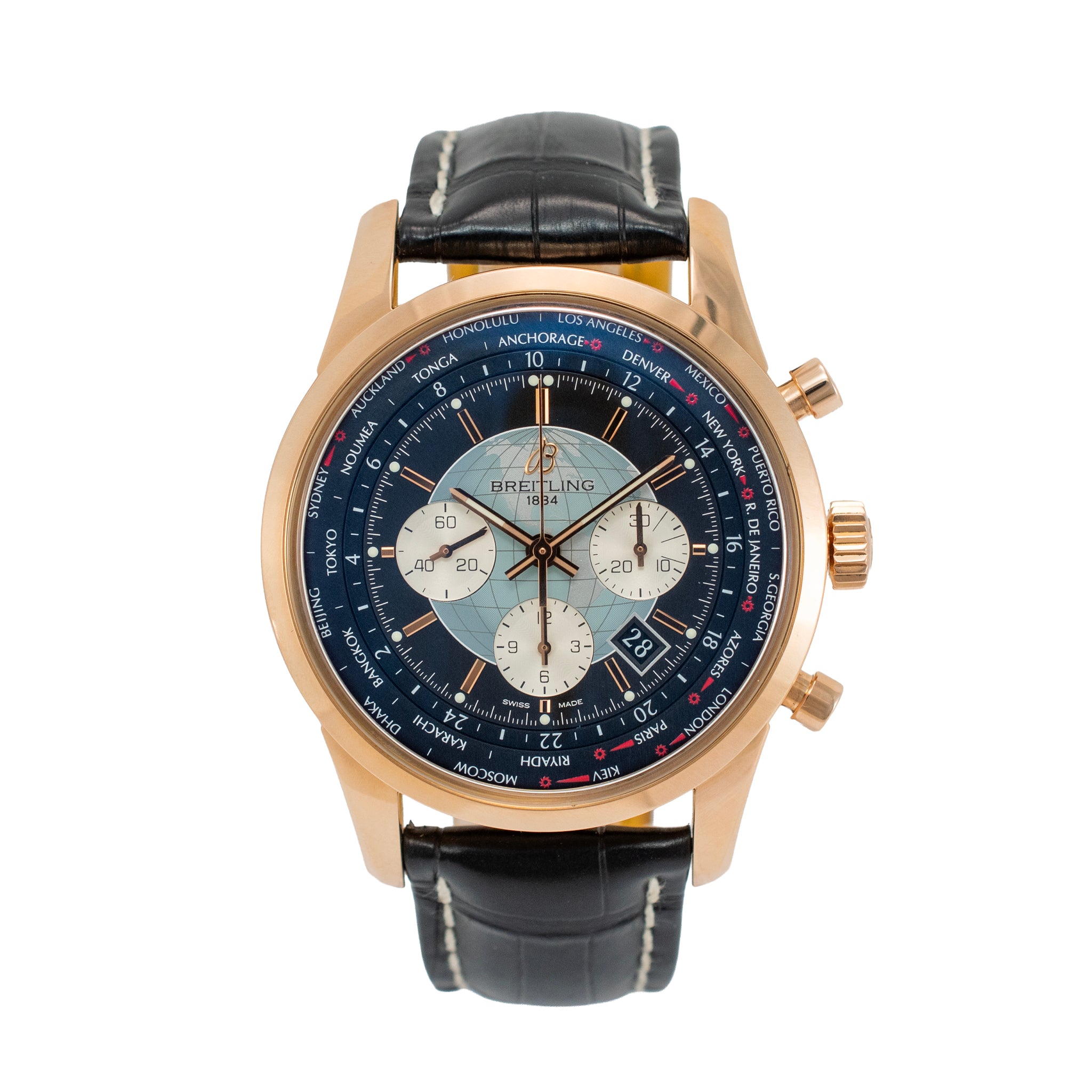 Breitling Transocean Unitime 46MM RB0510 18K Rose Gold Black Chronograph Watch