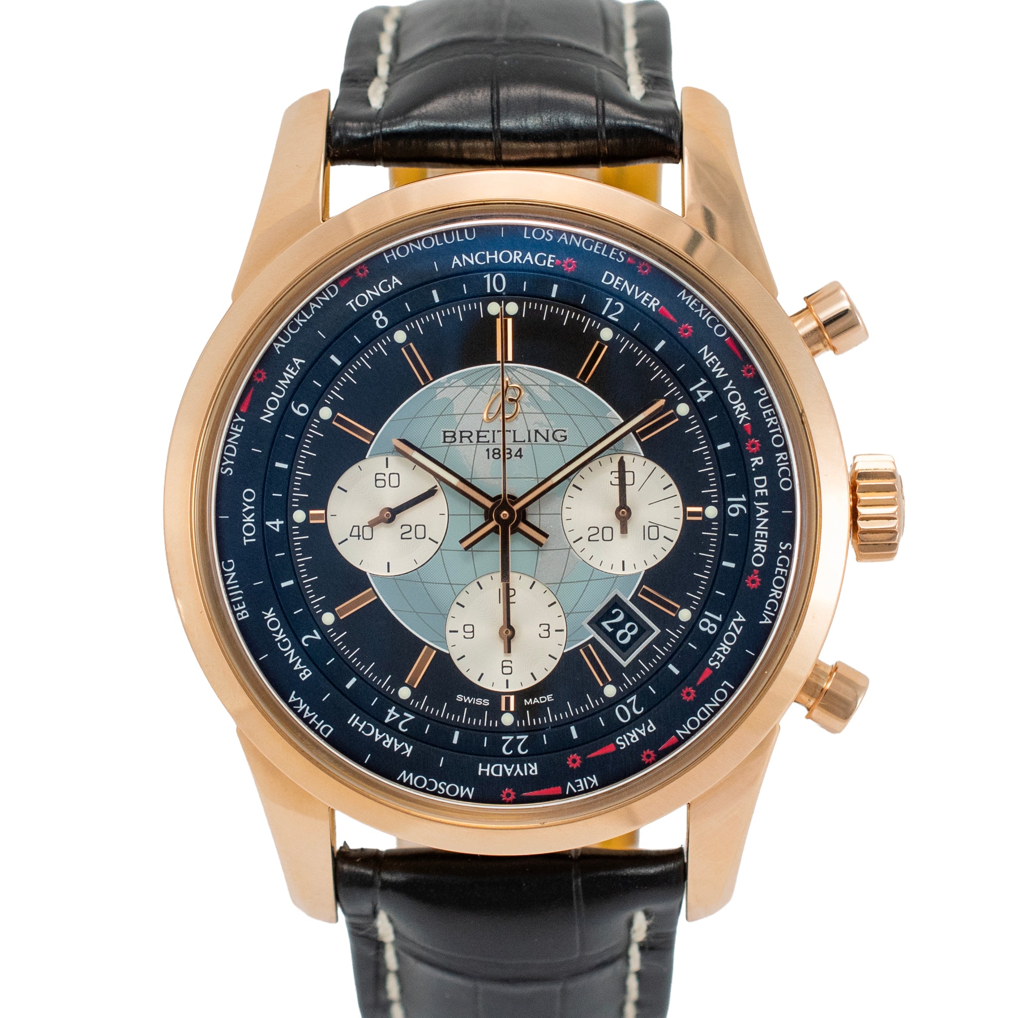 Breitling Transocean Unitime 46MM RB0510 18K Rose Gold Black Chronograph Watch