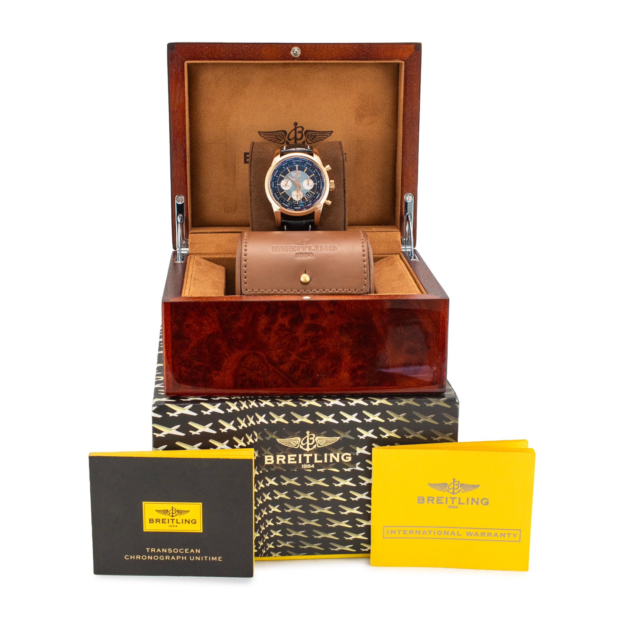 Breitling Transocean Unitime 46MM RB0510 18K Rose Gold Black Chronograph Watch