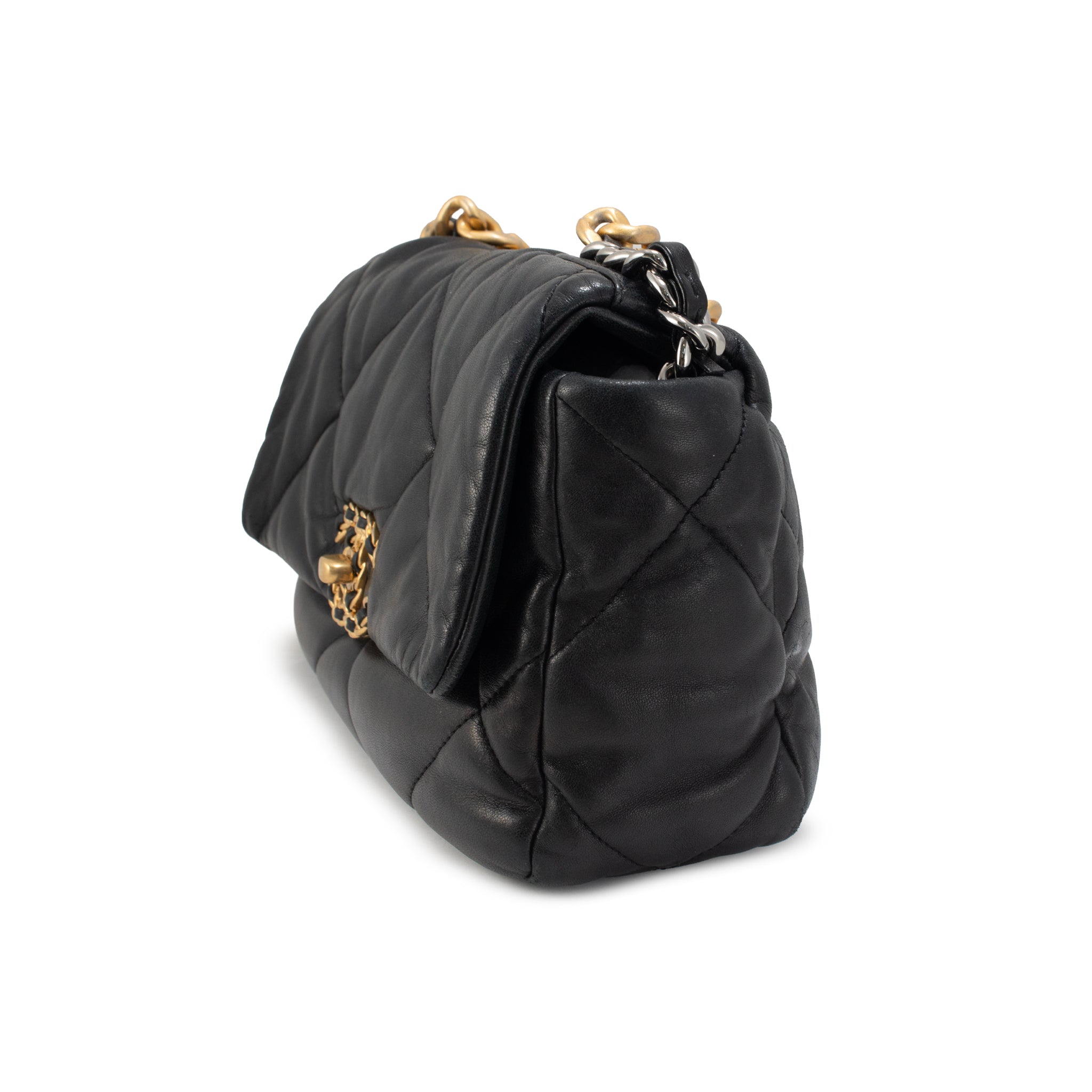 Chanel 19 Small Flap Quilted Lambskin Leather Black Metal Hardware Shoulder Bag