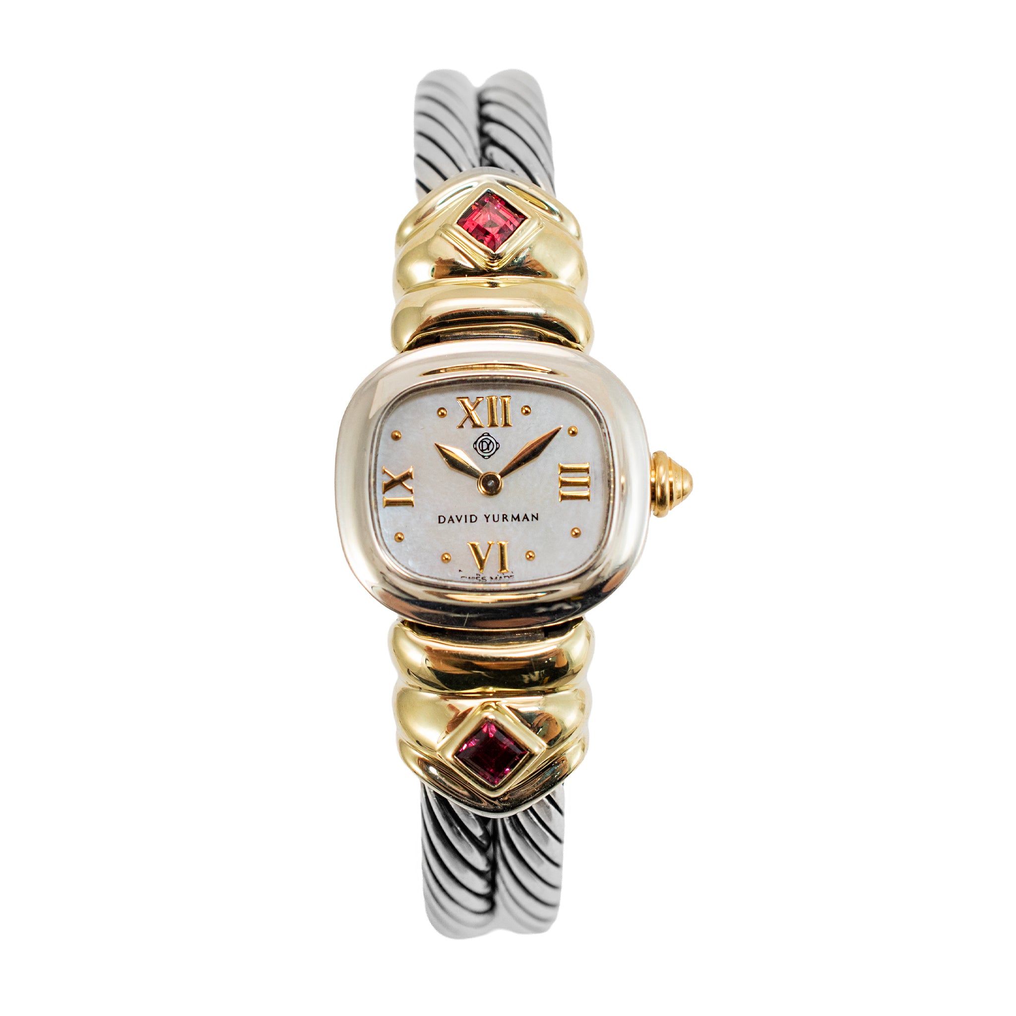 Ladies David Yurman Classic Double Cable 925 & 14K Gold Garnet Mop Quartz Watch