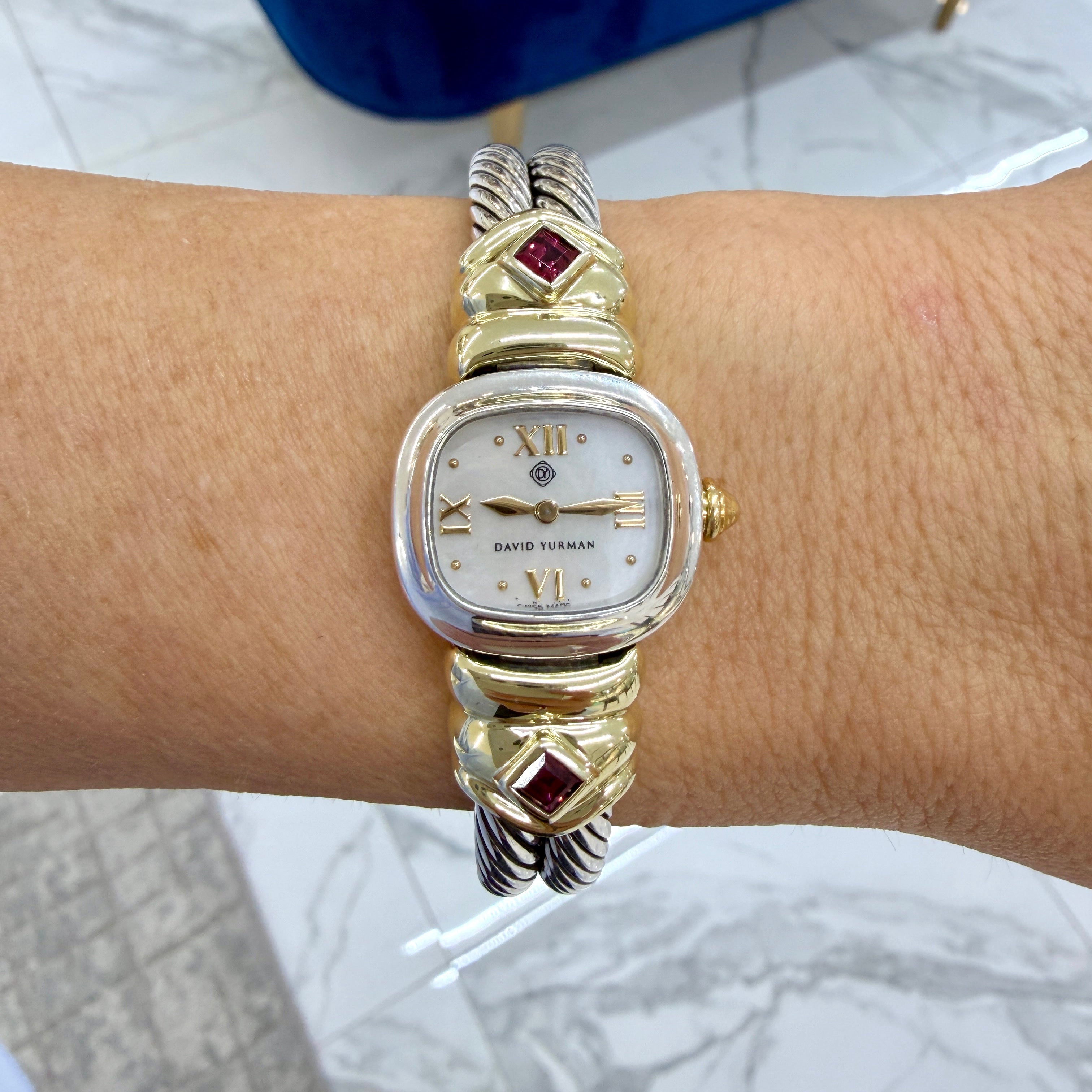 Ladies David Yurman Classic Double Cable 925 & 14K Gold Garnet Mop Quartz Watch