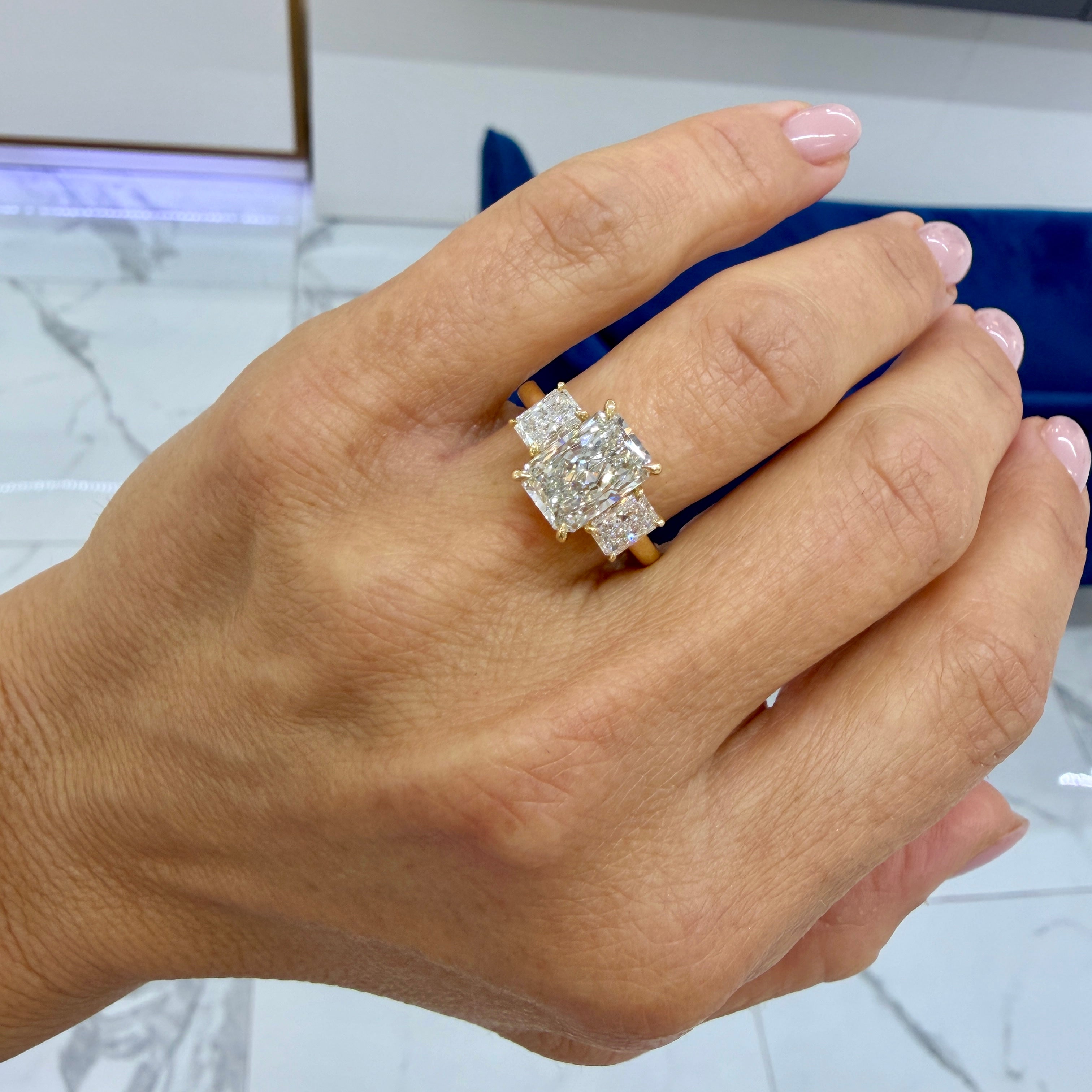 18K Yellow Gold Igi 3.91ct Radiant Lab Grown Diamond Three Stone Engagement Ring