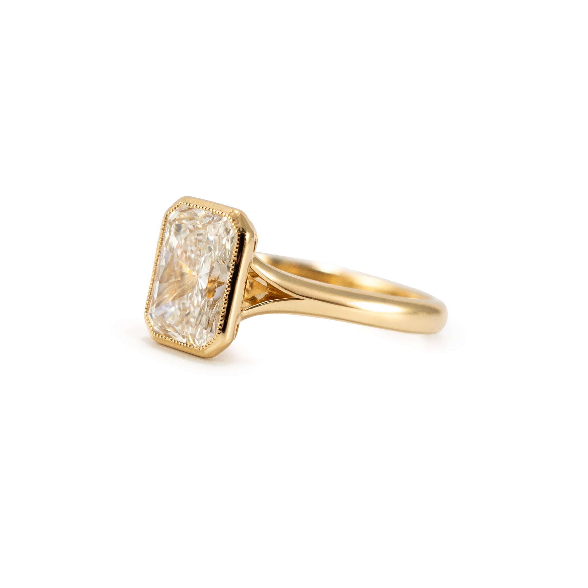 18K Yellow Gold 2.56ct Radiant Lab Grown Diamond Bezel Set Engagement Ring