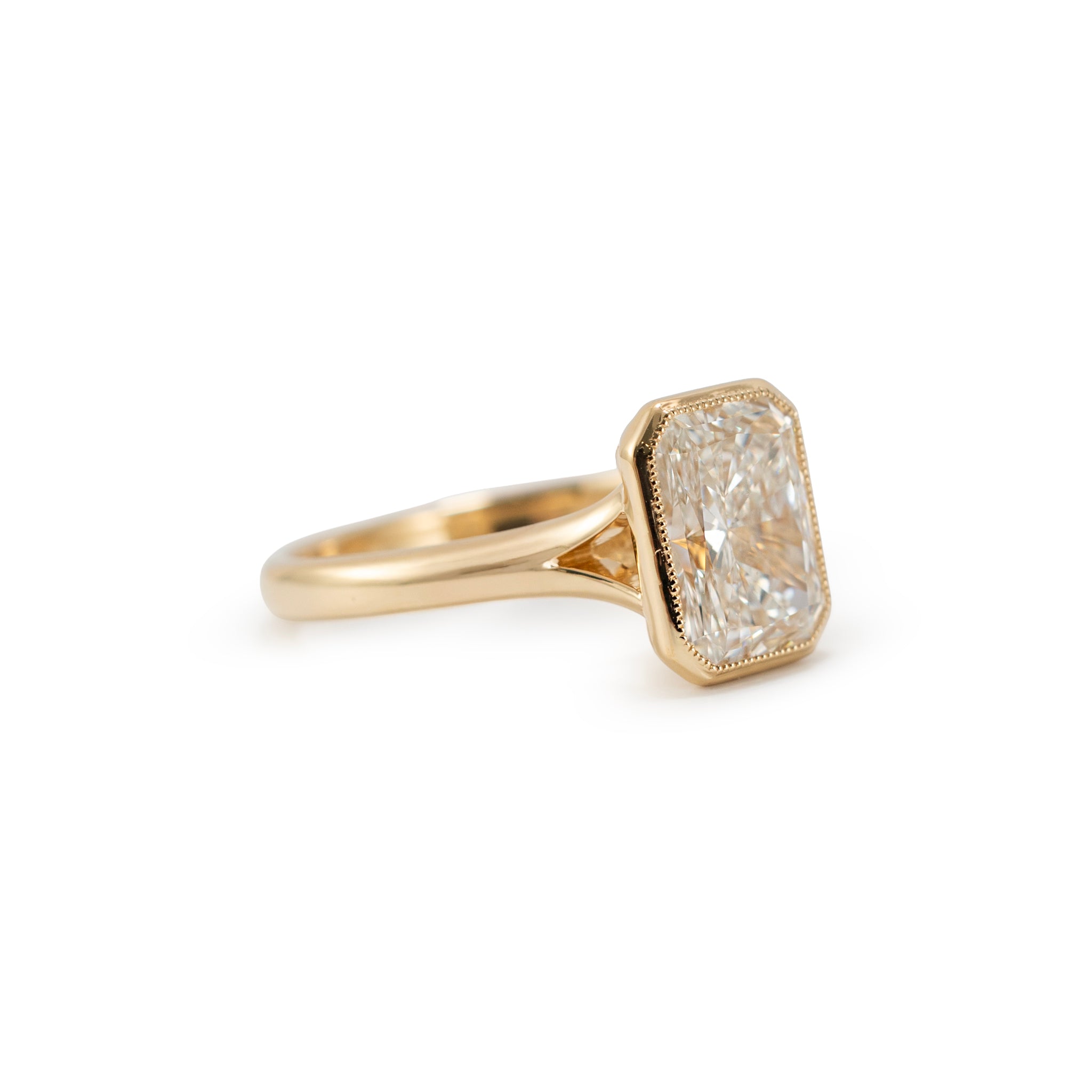 18K Yellow Gold 2.56ct Radiant Lab Grown Diamond Bezel Set Engagement Ring