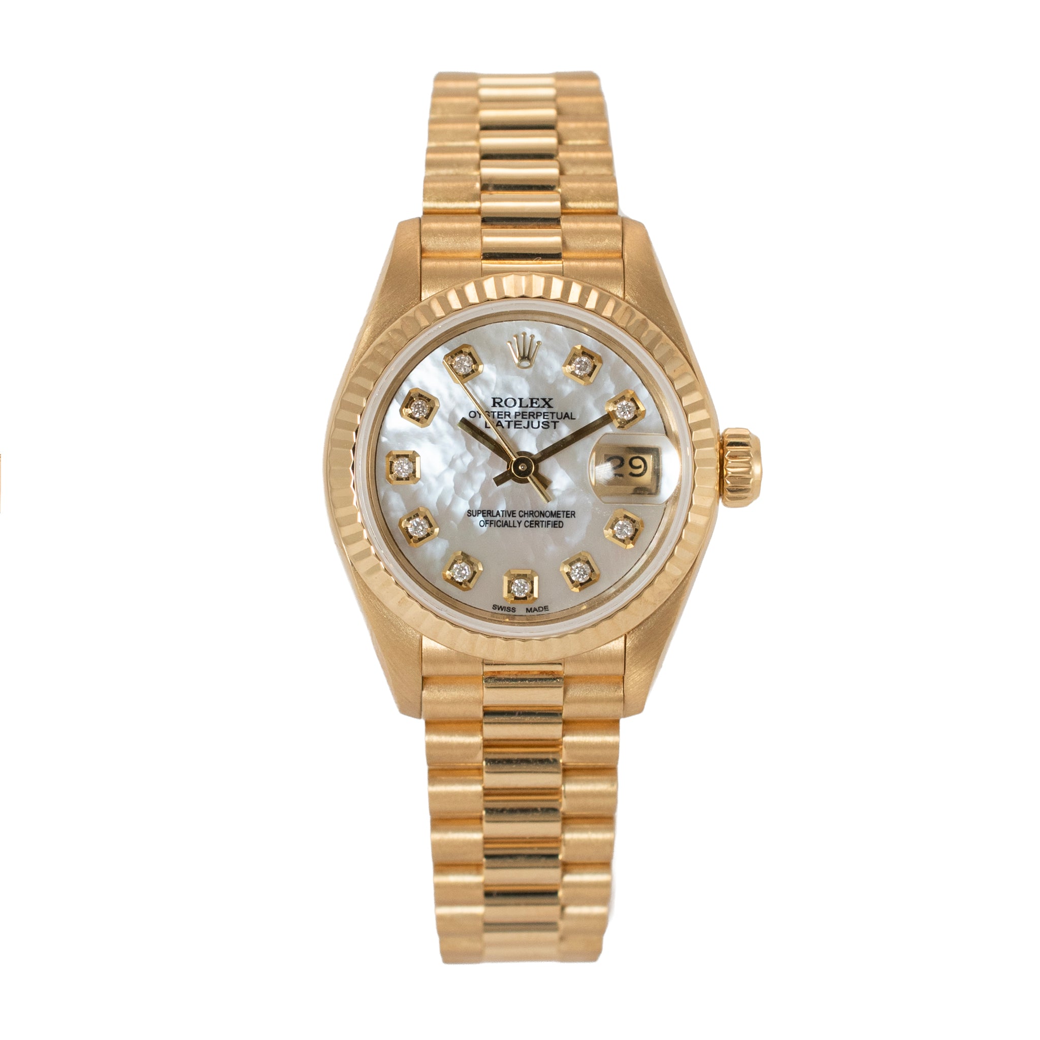 Ladies Rolex Datejust 26MM 69178 Mop Diamond Dial Presidential 18K Gold Watch