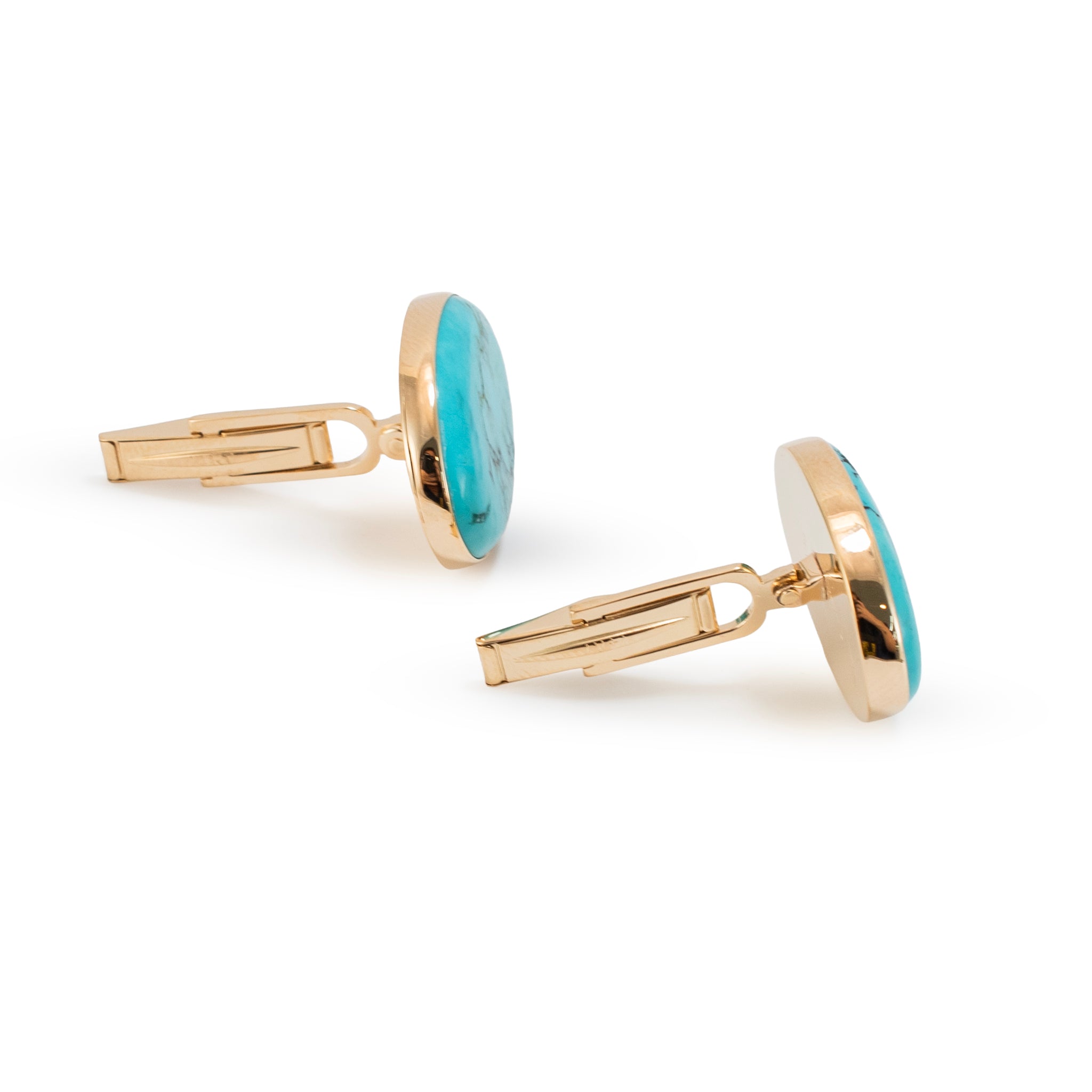 Men’s Vintage 14K Yellow Gold 23.49ct Oval Turquoise Cabochon Bezel Cufflinks