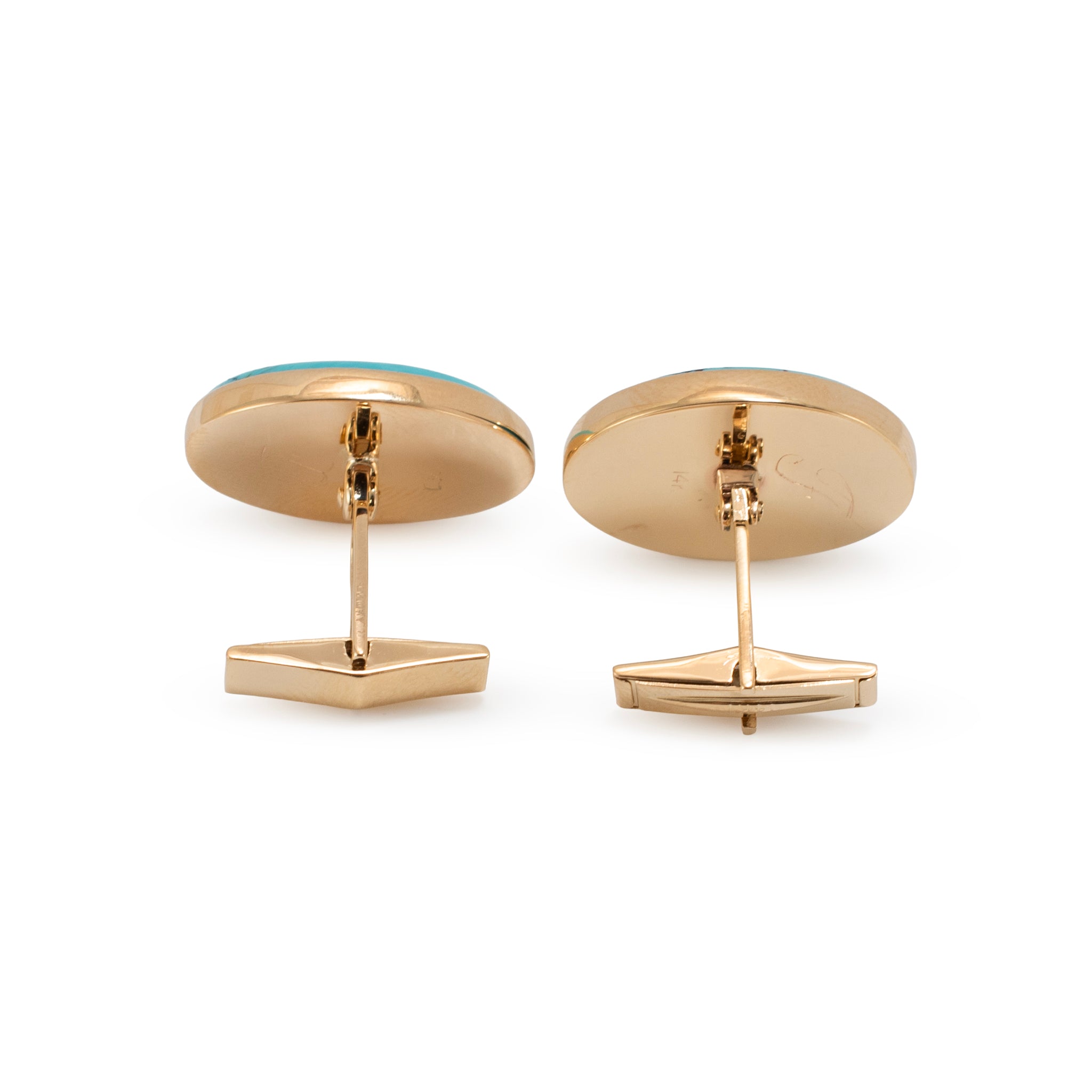 Men’s Vintage 14K Yellow Gold 23.49ct Oval Turquoise Cabochon Bezel Cufflinks