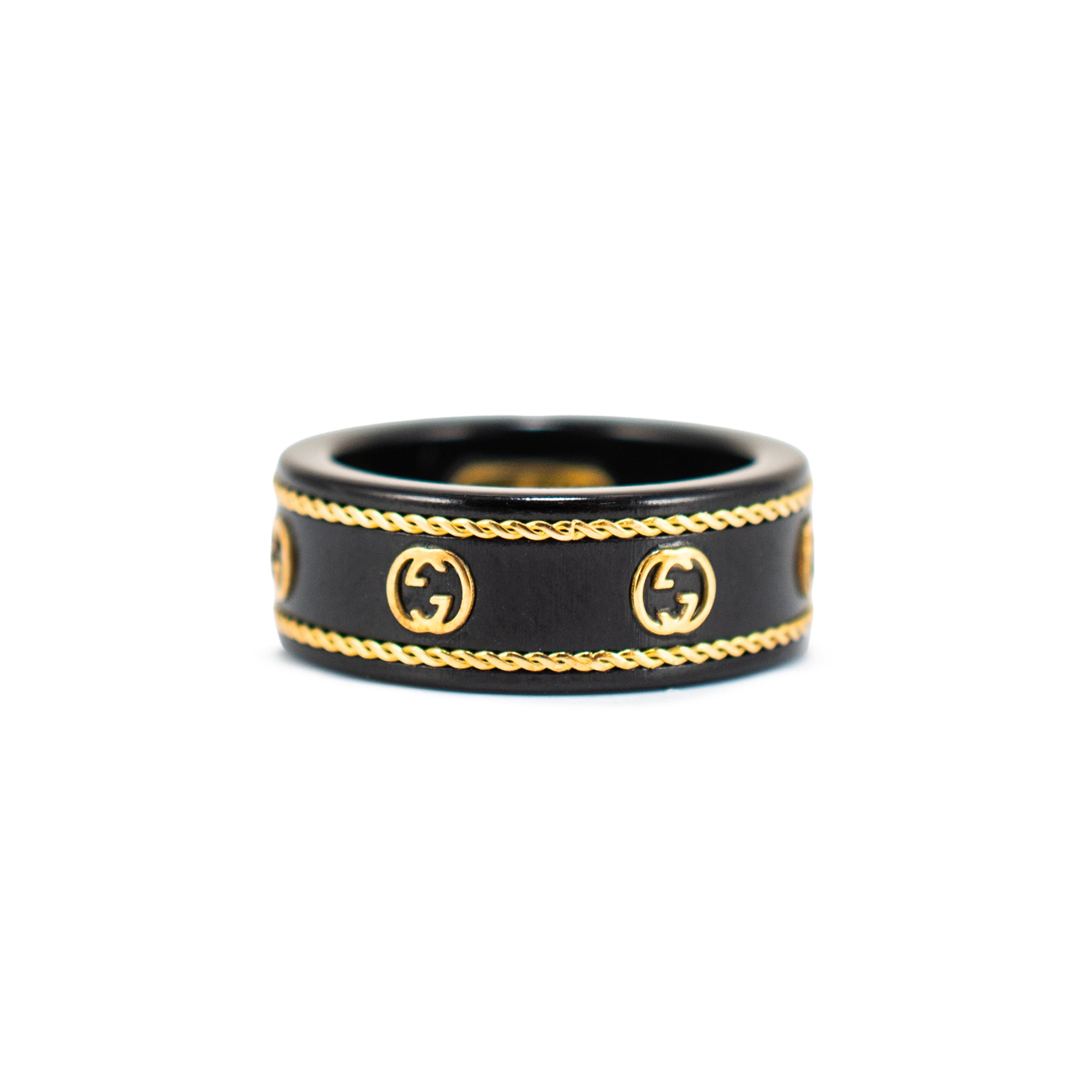 Gucci Interlocking G Black Corindum Icon Tungsten & 18K Yellow Gold Band Ring