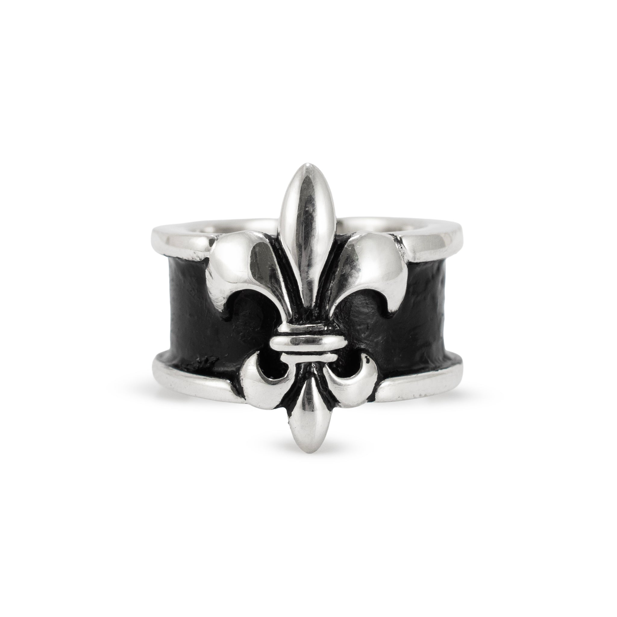 Mignon Faget Fleur de Lis 925 Sterling Silver Black Inlay Wide Band Ring