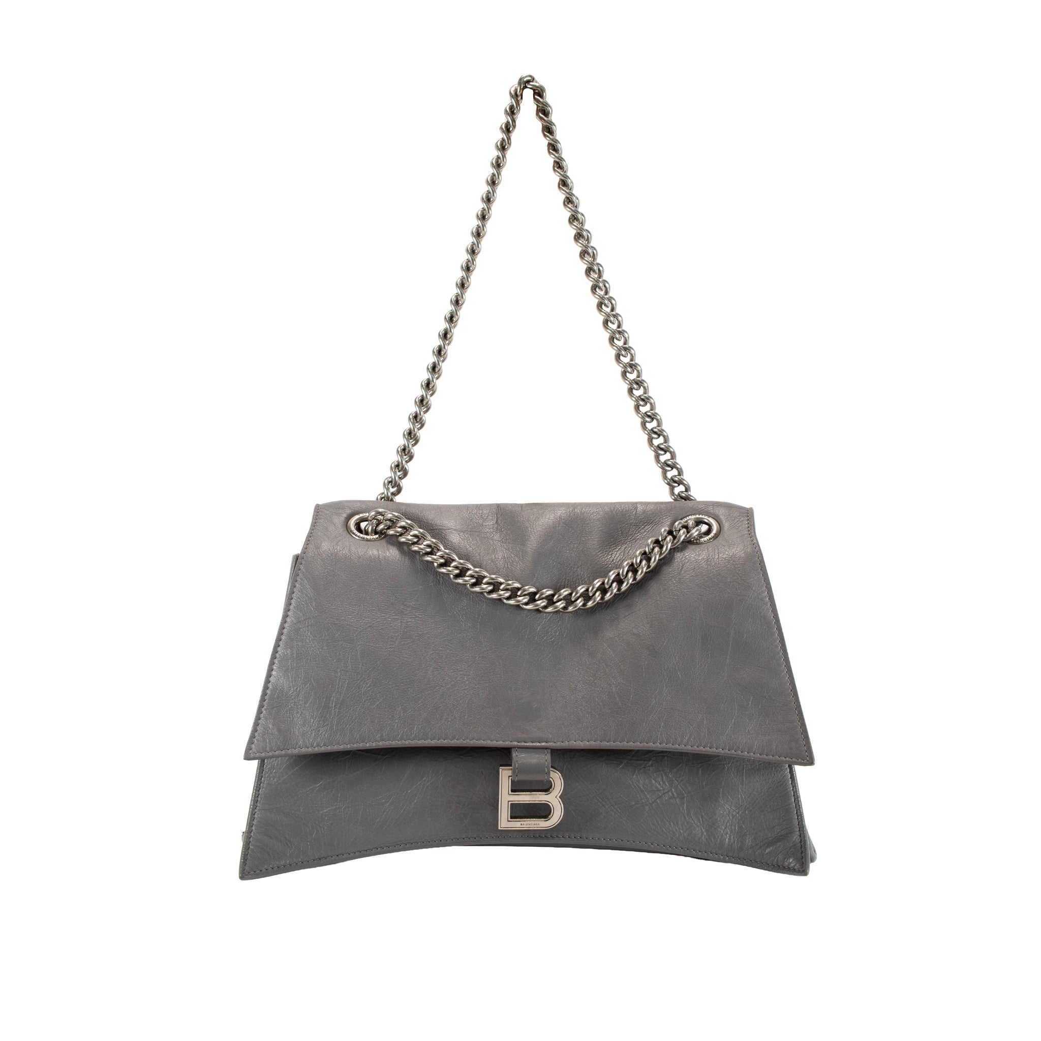 Balenciaga Gray Leather Silver Hardware Crush Chain Medium Flap Shoulder Bag