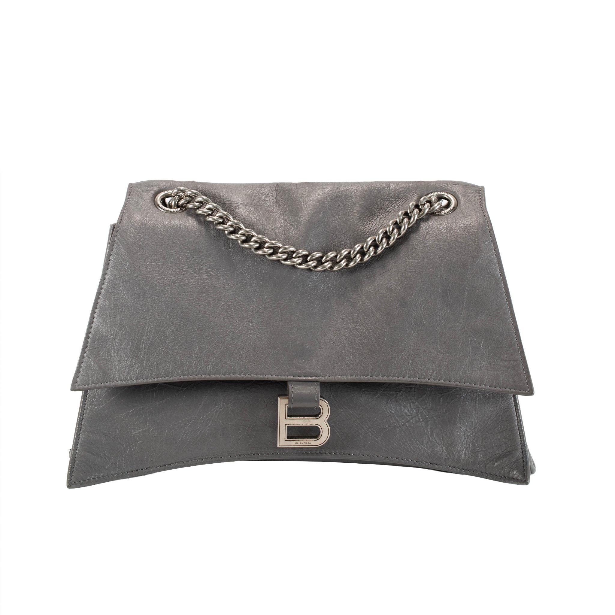 Balenciaga Gray Leather Silver Hardware Crush Chain Medium Flap Shoulder Bag