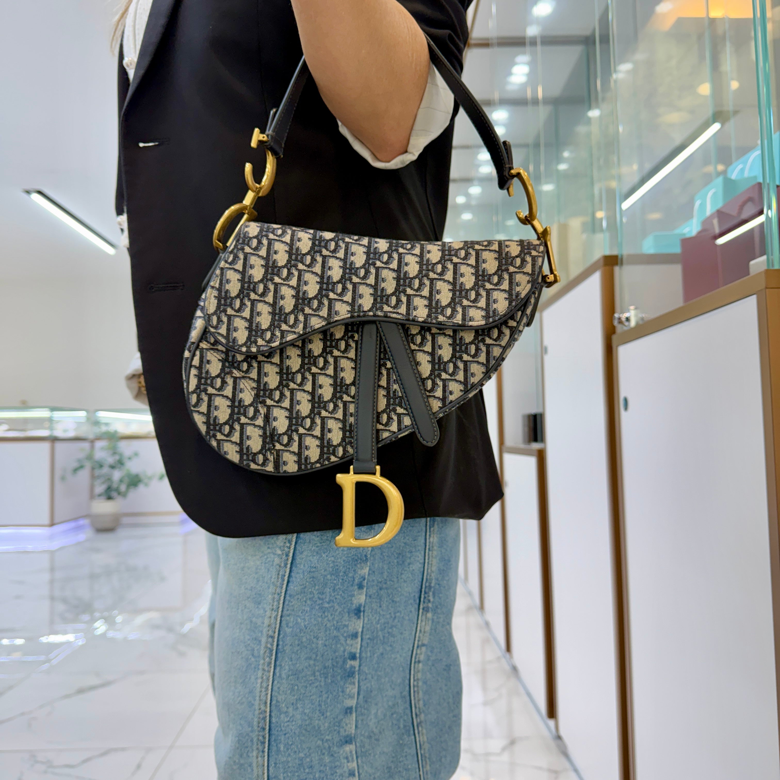 Christian Dior Oblique Saddle Navy Beige Canvas Shoulder Tote Bag