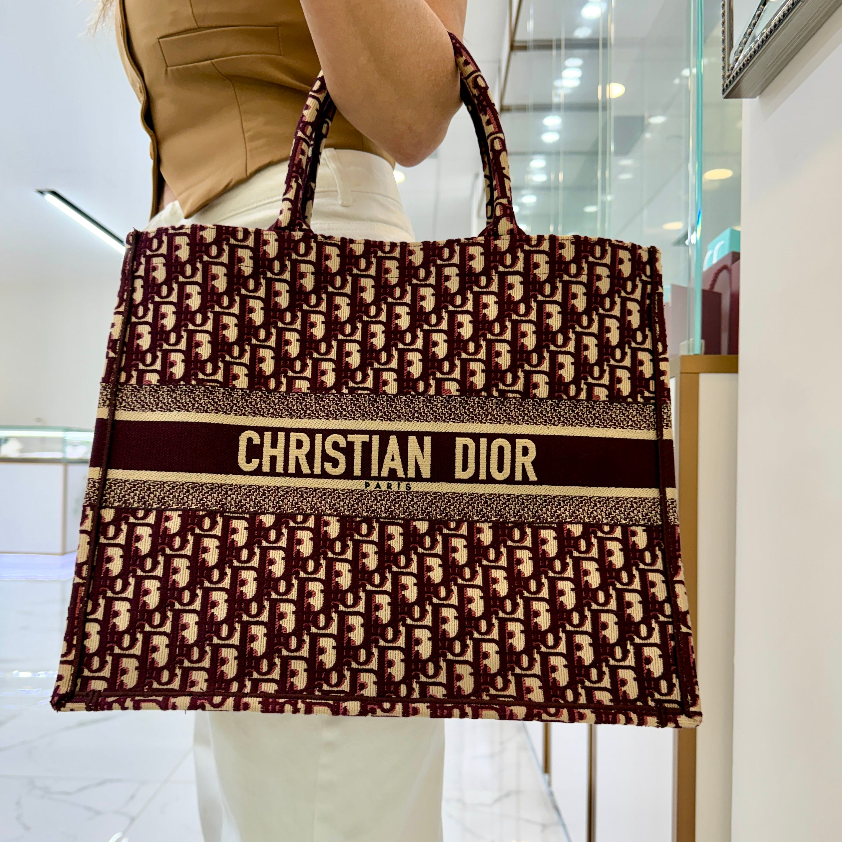 Christian Dior Book Medium Oblique Embroidery Burgundy Canvas Tote Bag