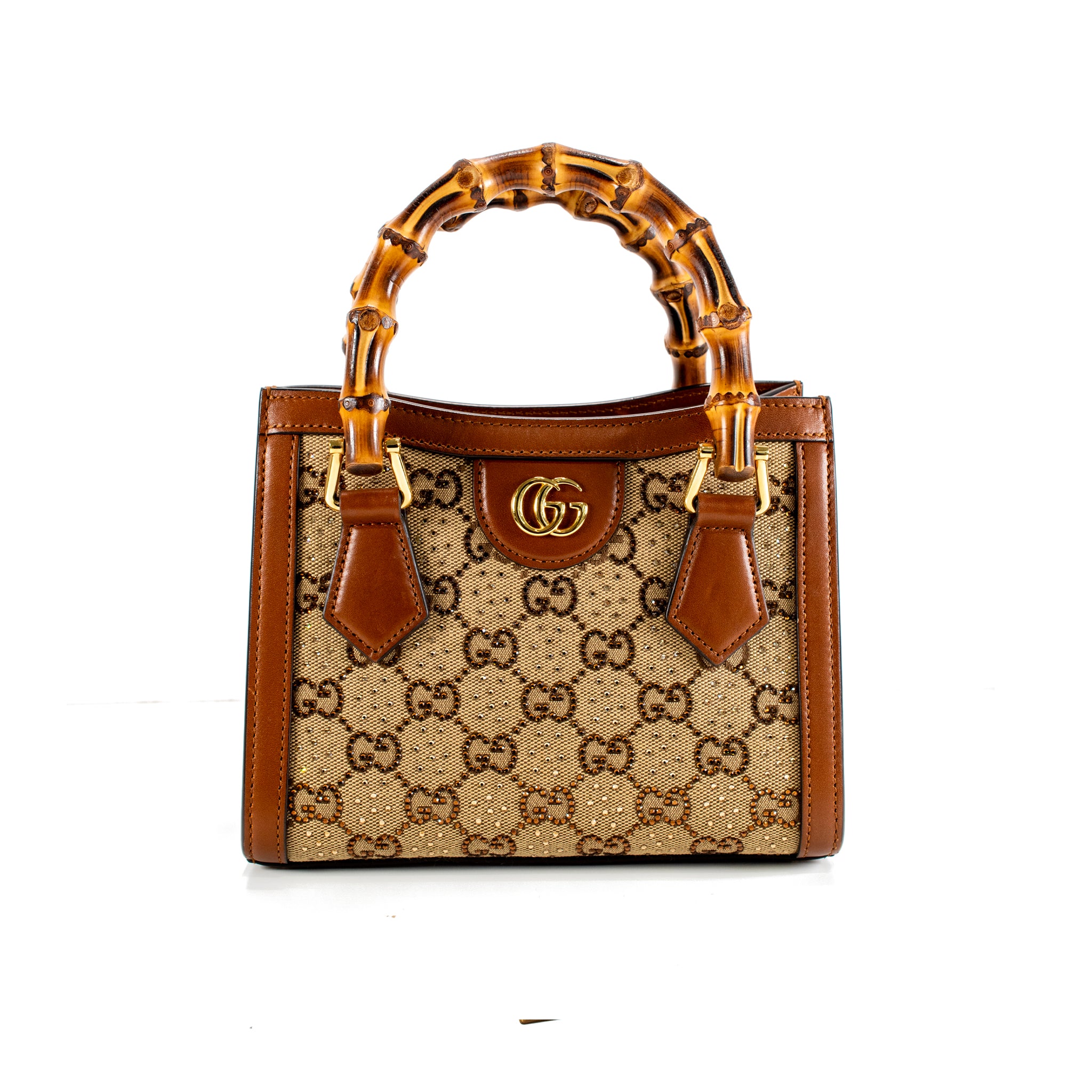 Gucci Diana Crystals Small Gg Canvas Camel Leather Bamboo Handle Tote Bag
