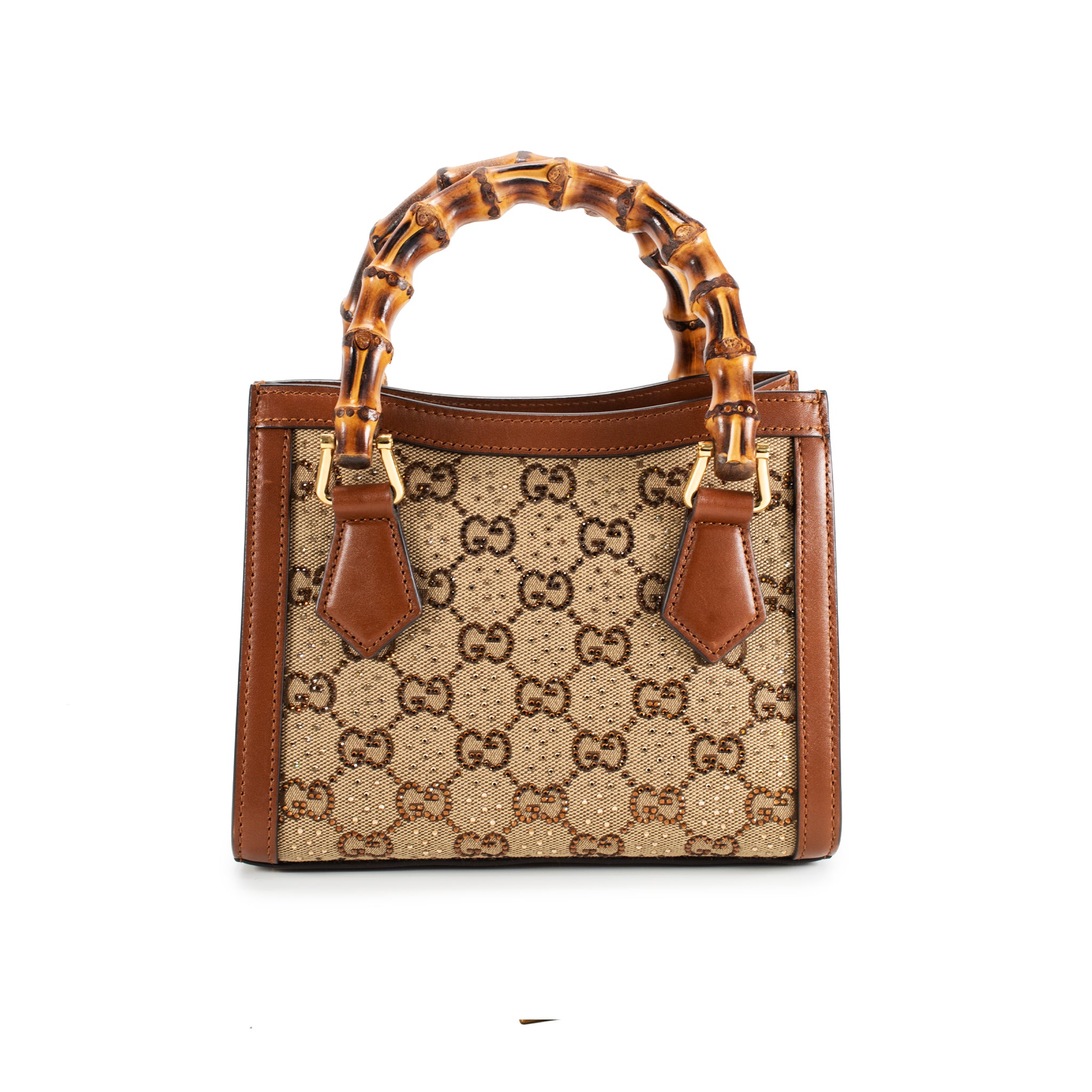 Gucci Diana Crystals Small Gg Canvas Camel Leather Bamboo Handle Tote Bag