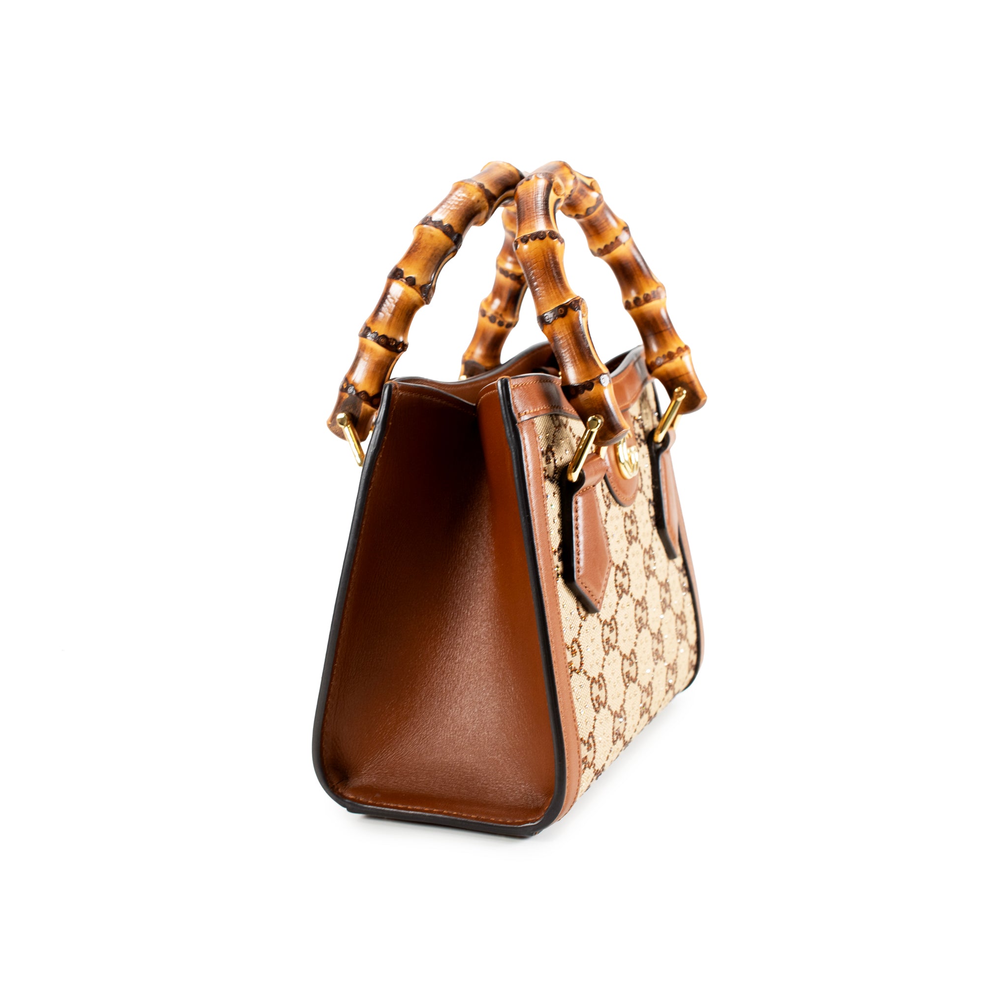 Gucci Diana Crystals Small Gg Canvas Camel Leather Bamboo Handle Tote Bag