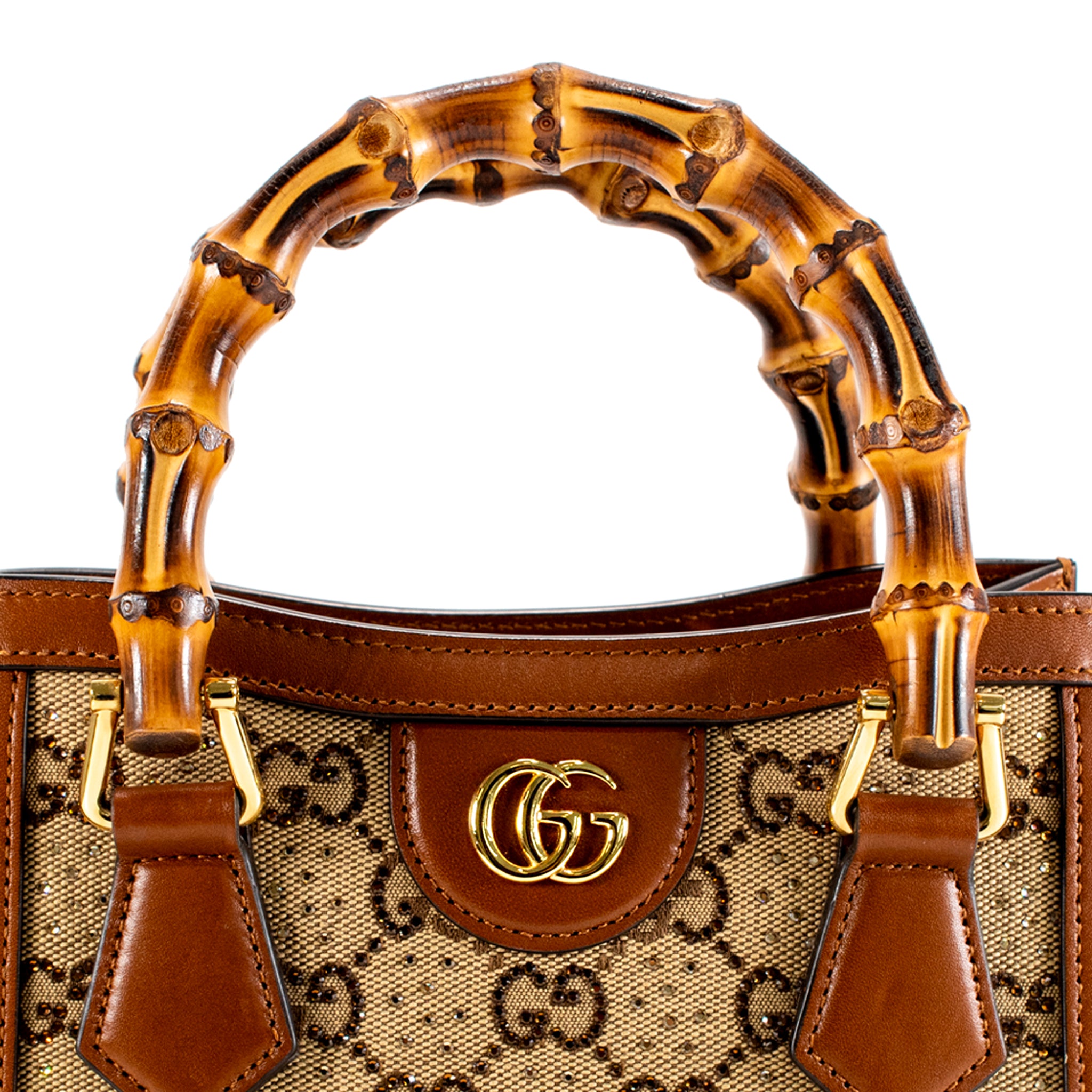 Gucci Diana Crystals Small Gg Canvas Camel Leather Bamboo Handle Tote Bag