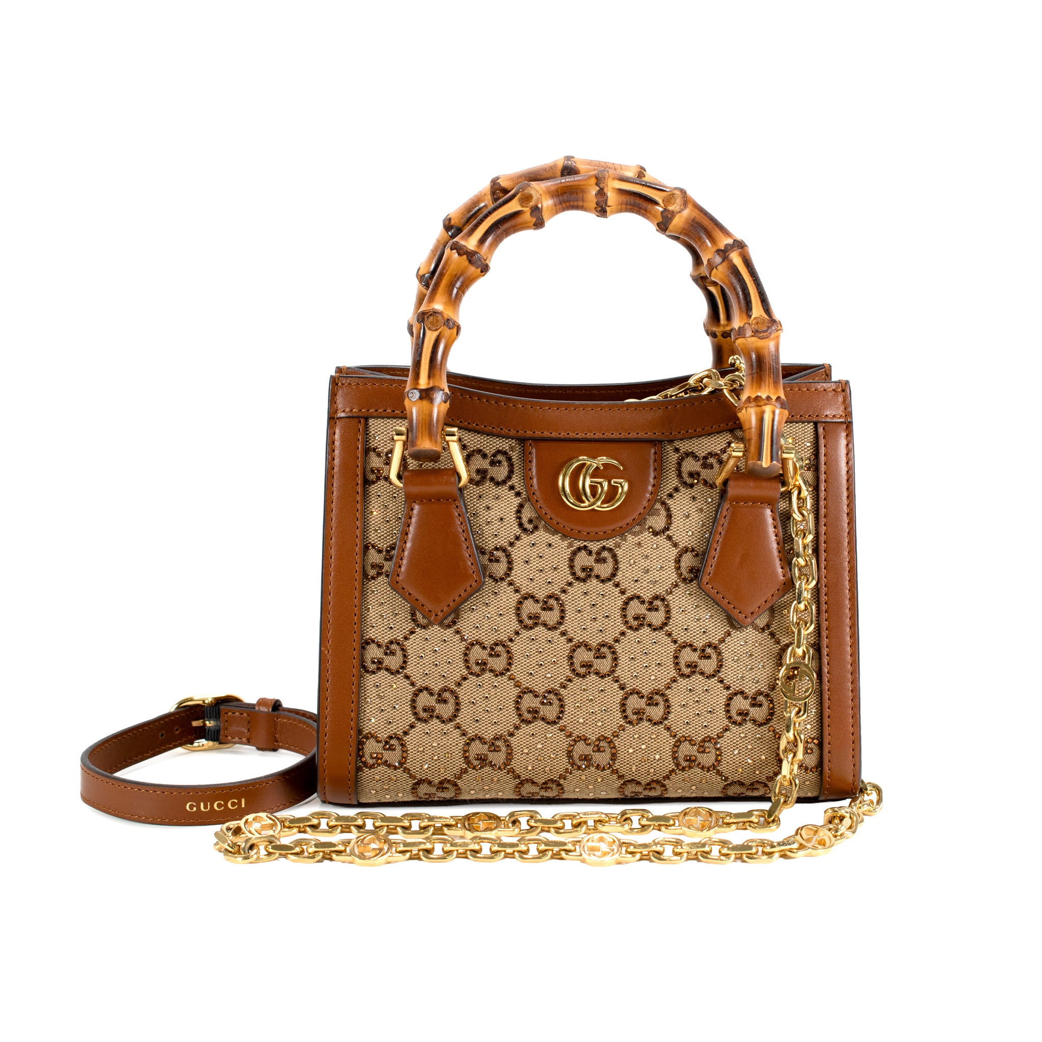 Gucci Diana Crystals Small Gg Canvas Camel Leather Bamboo Handle Tote Bag