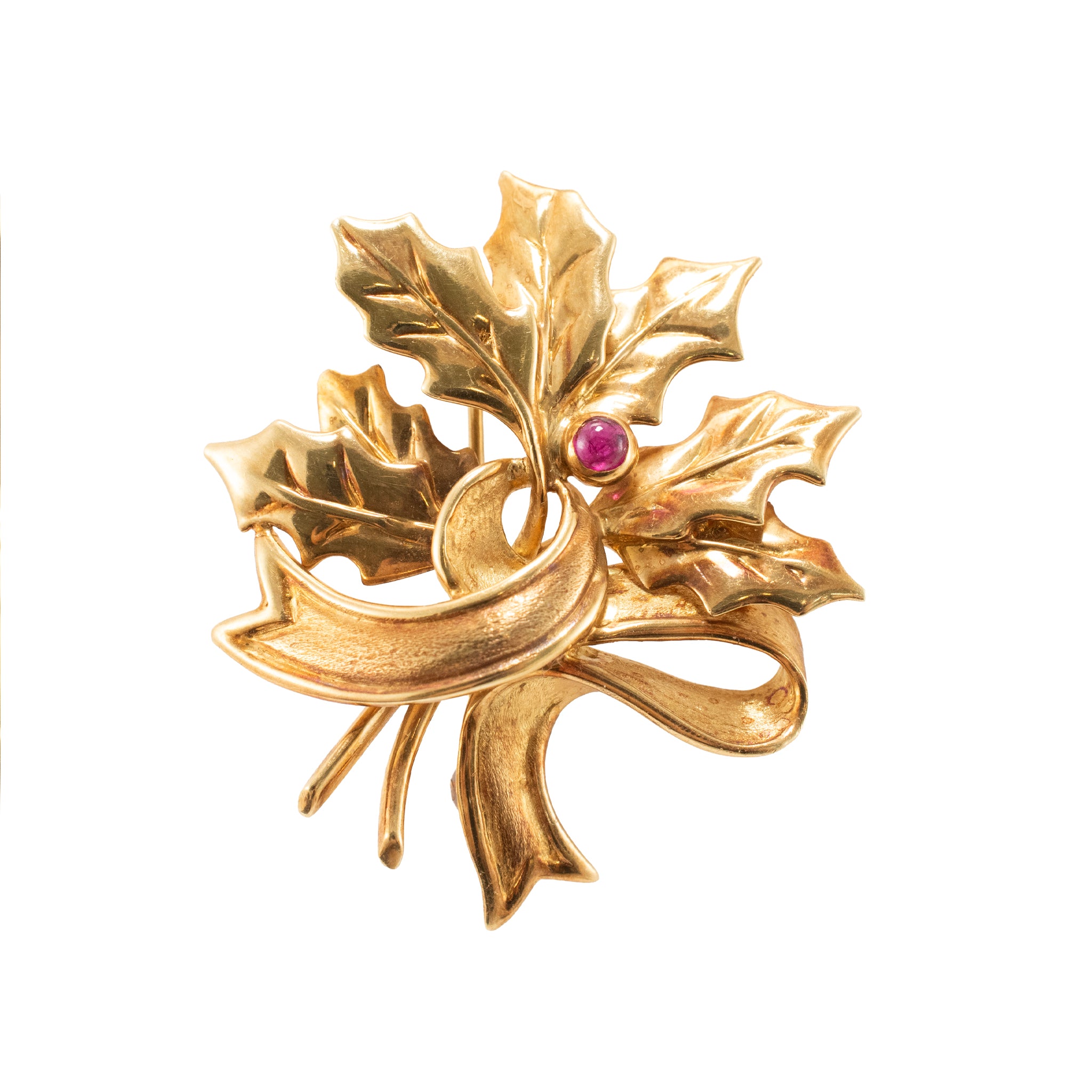 Vintage Tiffany & Co. 18K Yellow Gold 0.06ct Cabochon Ruby Leaf Brooch
