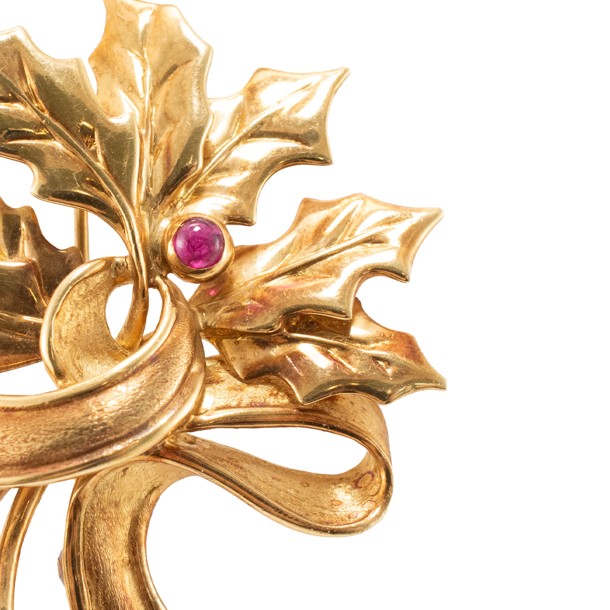 Vintage Tiffany & Co. 18K Yellow Gold 0.06ct Cabochon Ruby Leaf Brooch