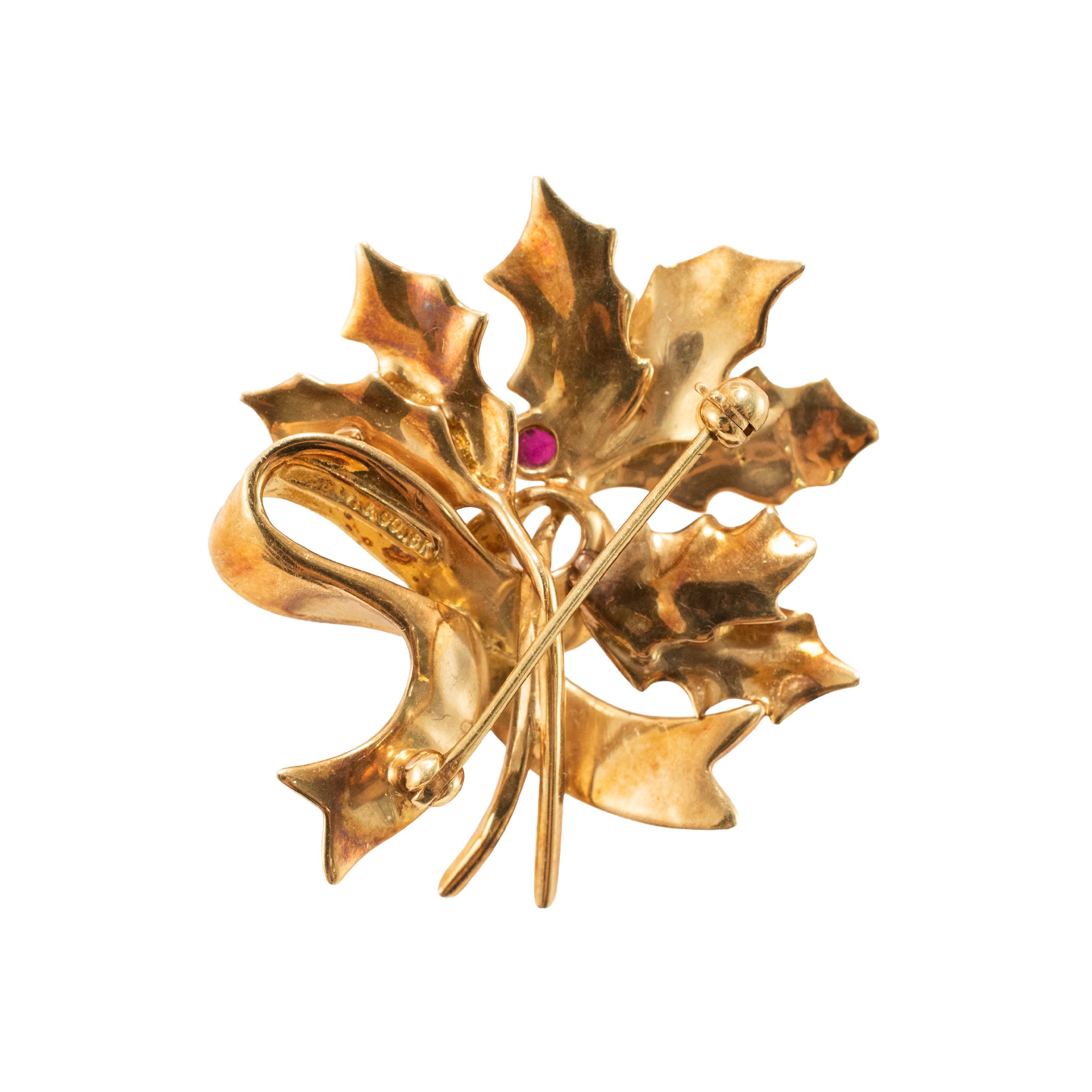 Vintage Tiffany & Co. 18K Yellow Gold 0.06ct Cabochon Ruby Leaf Brooch