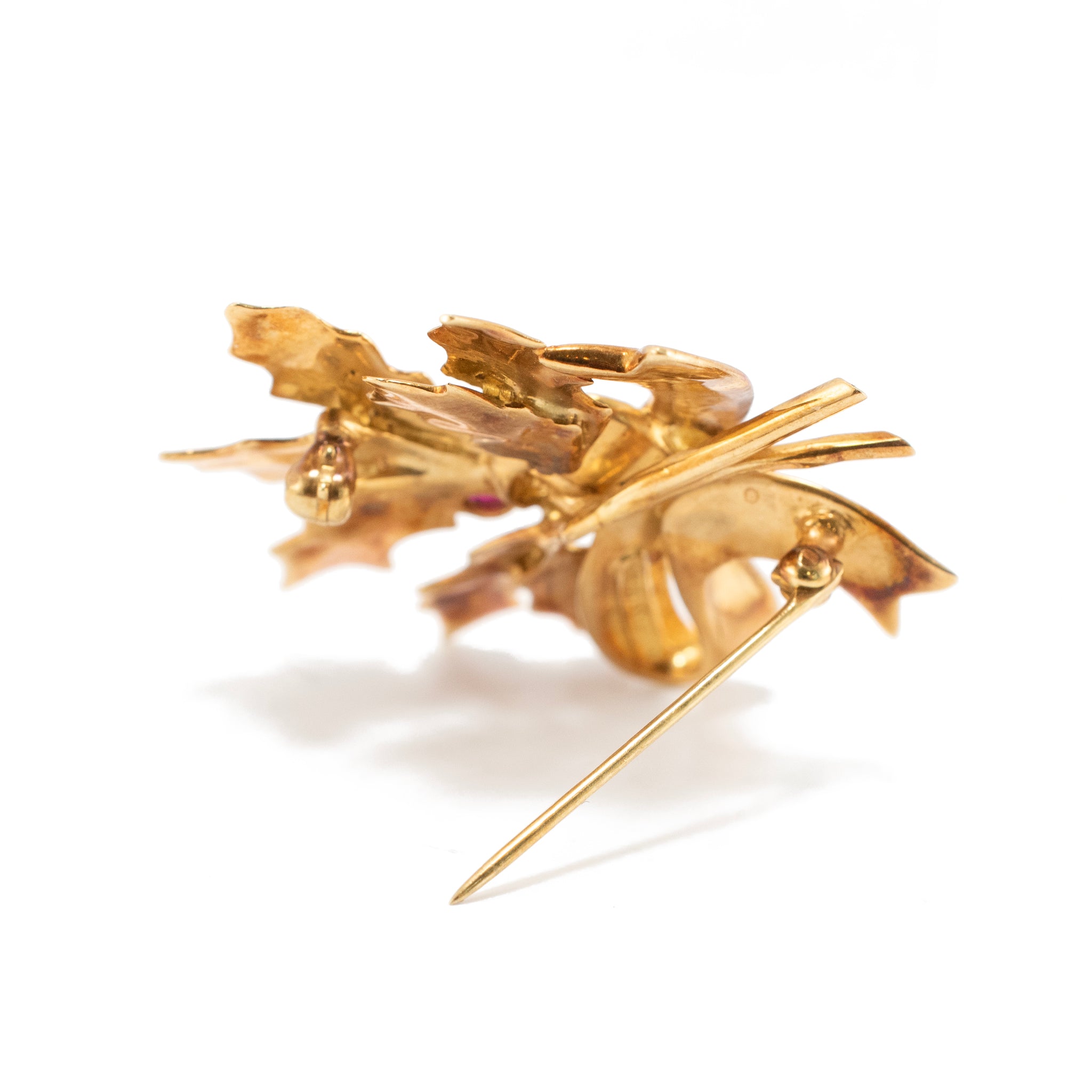 Vintage Tiffany & Co. 18K Yellow Gold 0.06ct Cabochon Ruby Leaf Brooch
