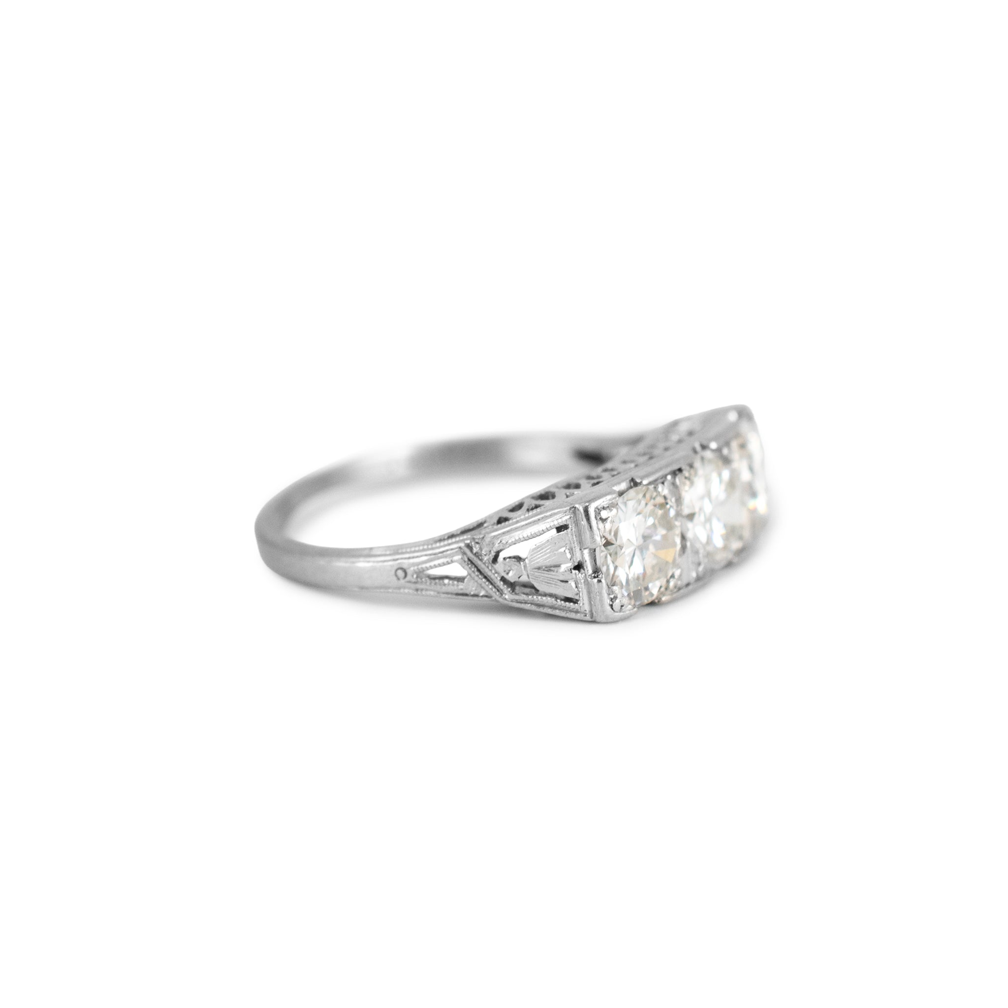 Antique Platinum Iridium 1.42ct Early Old Cut Diamond Three Stone Band Ring