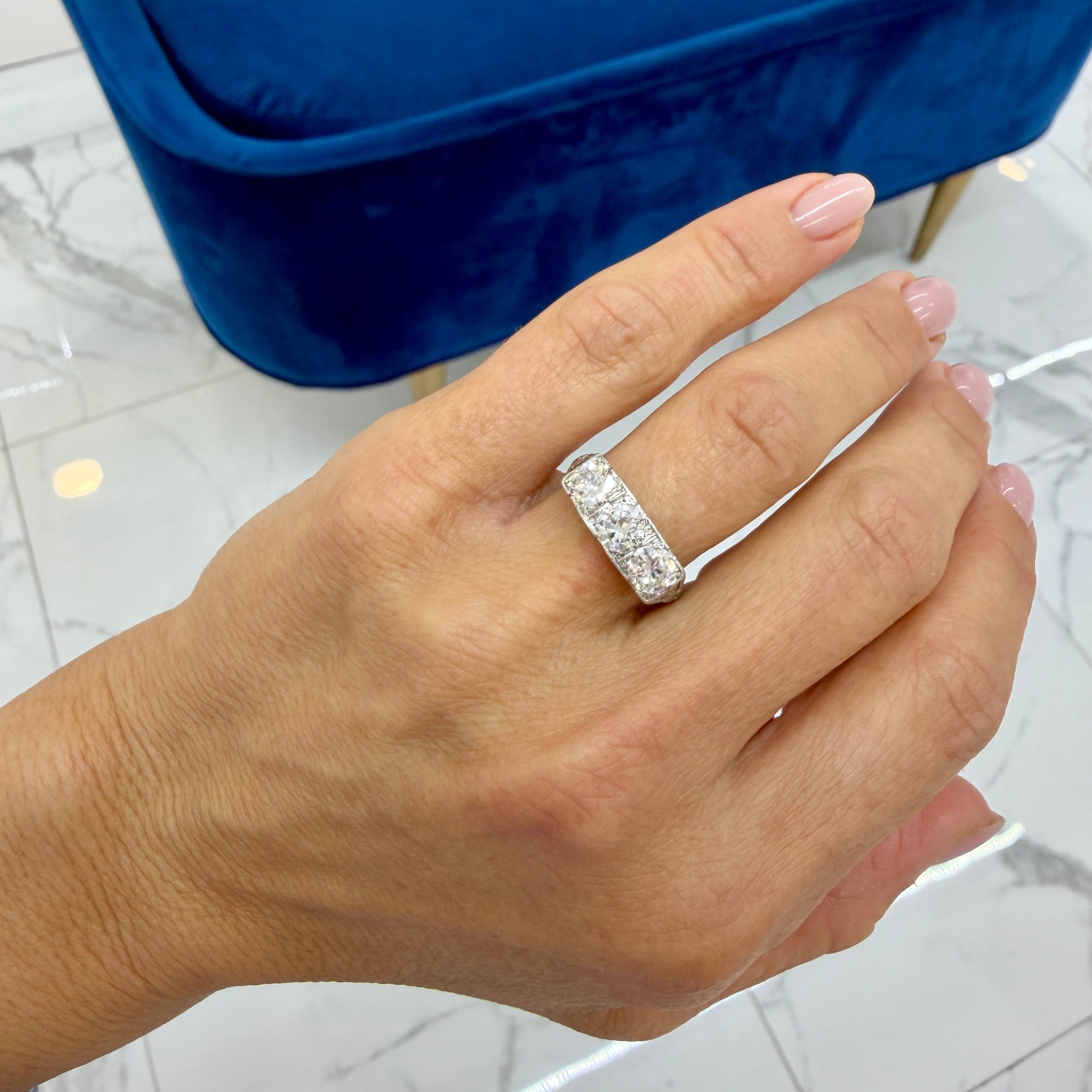 Antique Platinum Iridium 1.42ct Early Old Cut Diamond Three Stone Band Ring