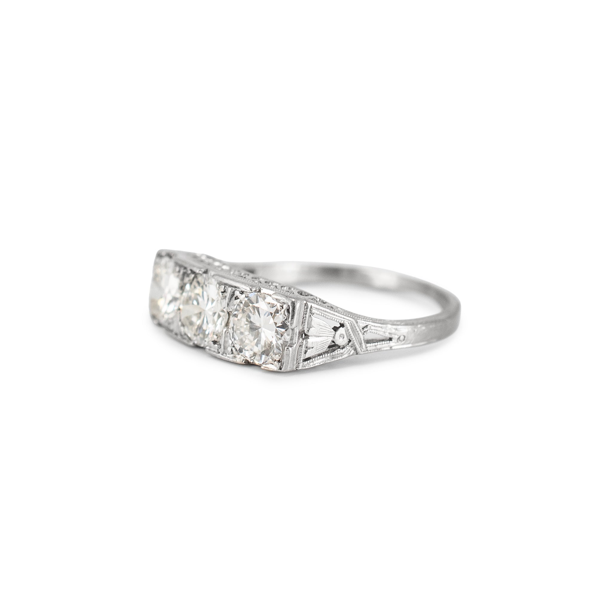 Antique Platinum Iridium 1.42ct Early Old Cut Diamond Three Stone Band Ring