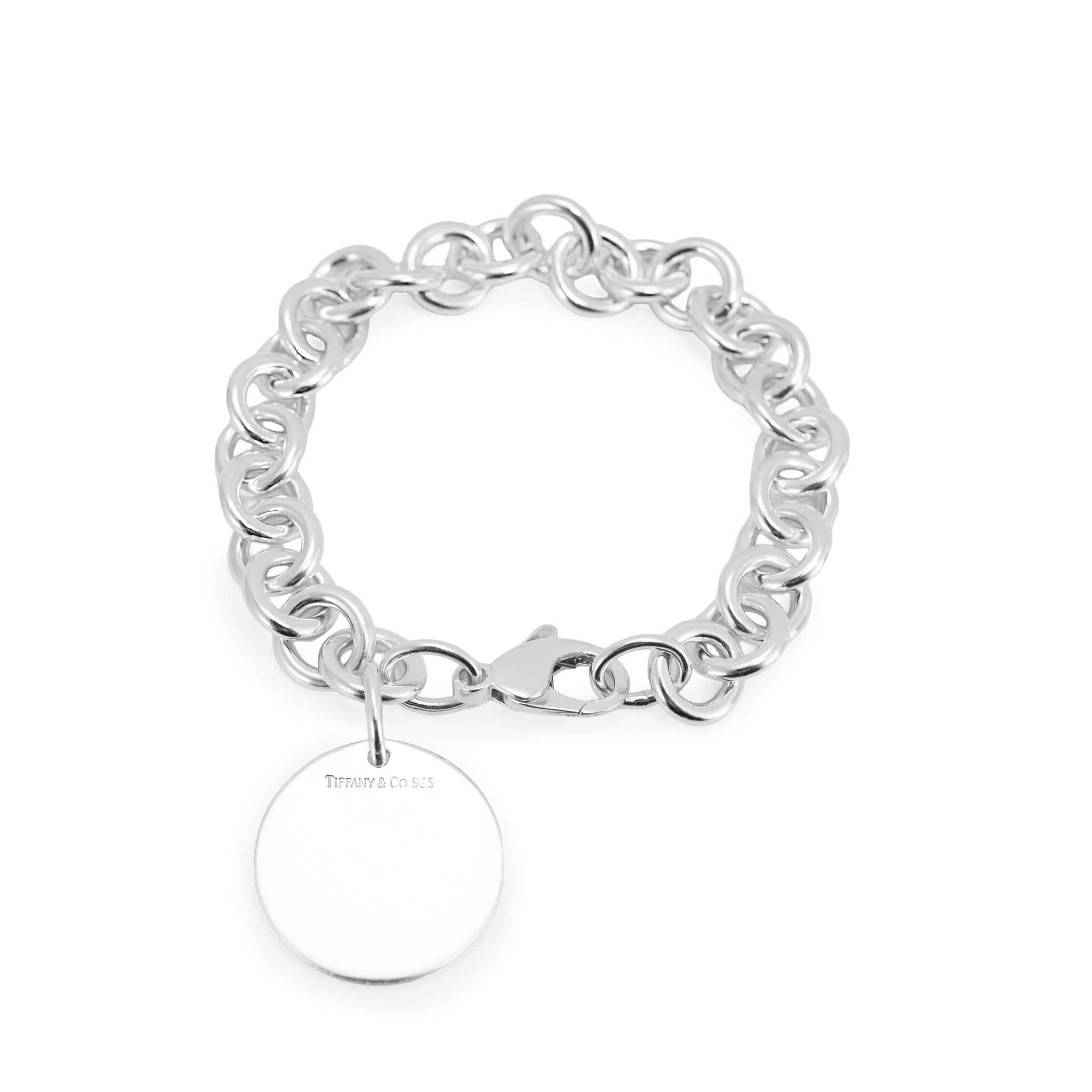 Ladies Tiffany & Co. 925 Sterling Silver Round Tag Charm Rolo Link Bracelet