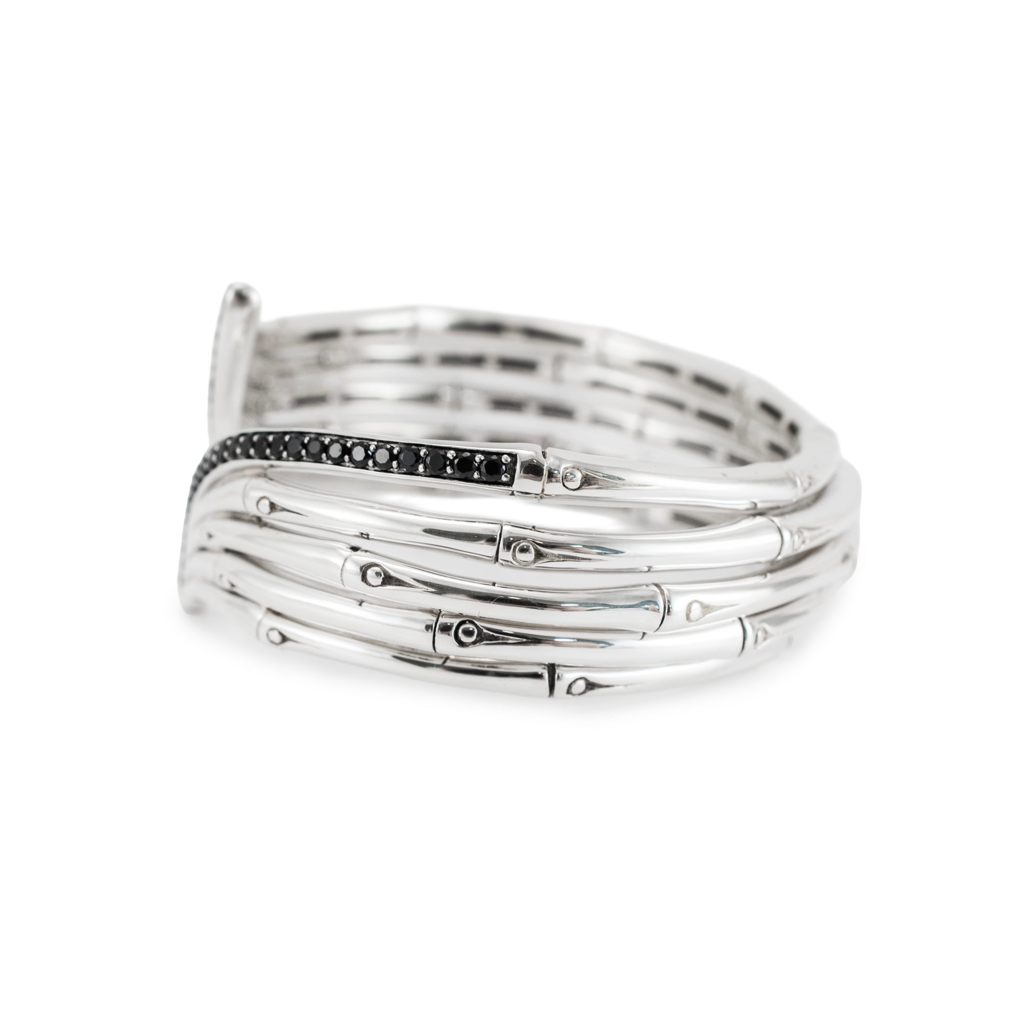 John Hardy Bamboo 925 Silver 1.40ctw Black Sapphires Flex Cuff Bangle Bracelet