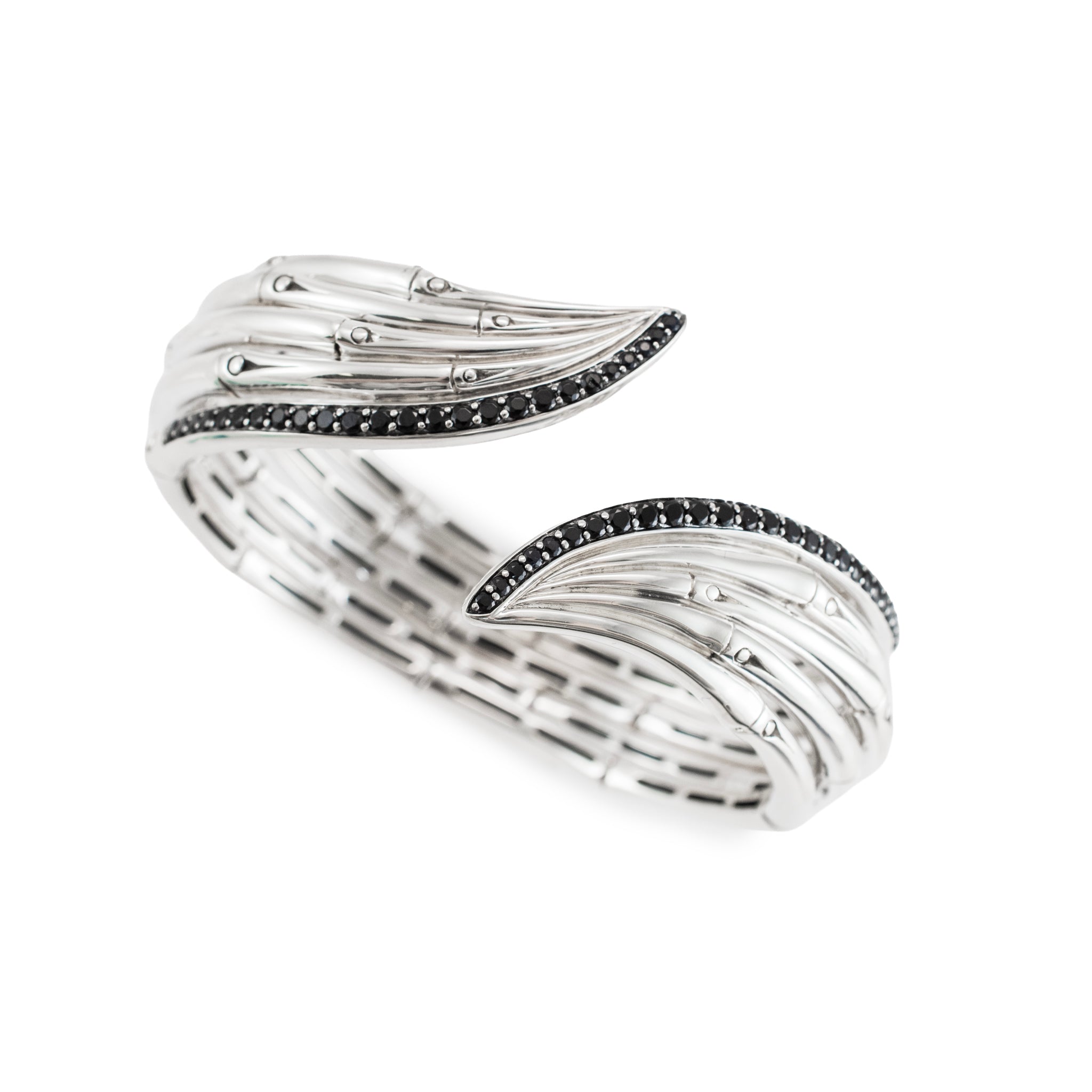 John Hardy Bamboo 925 Silver 1.40ctw Black Sapphires Flex Cuff Bangle Bracelet
