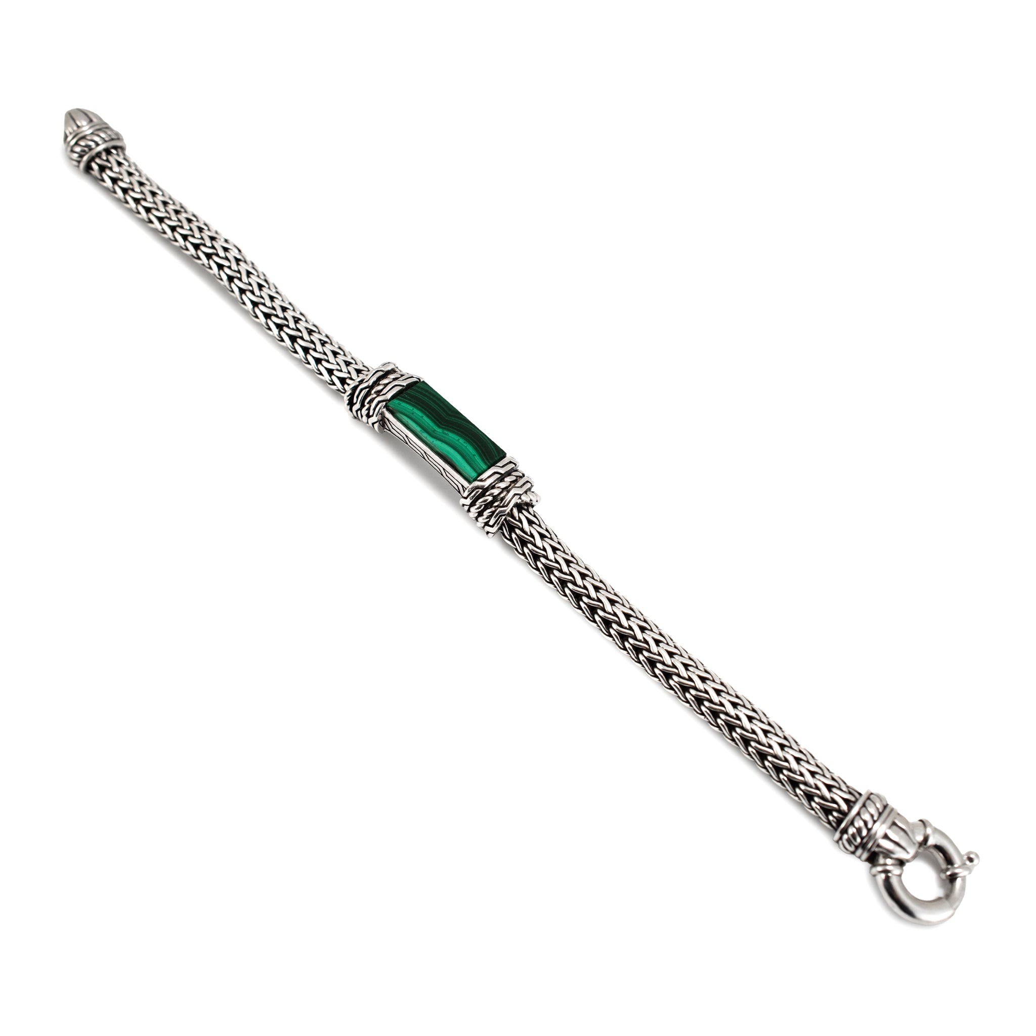 Men’s Effy Silver 10.20 CT Malachite Braided Chain Wheat Mesh Link Bracelet