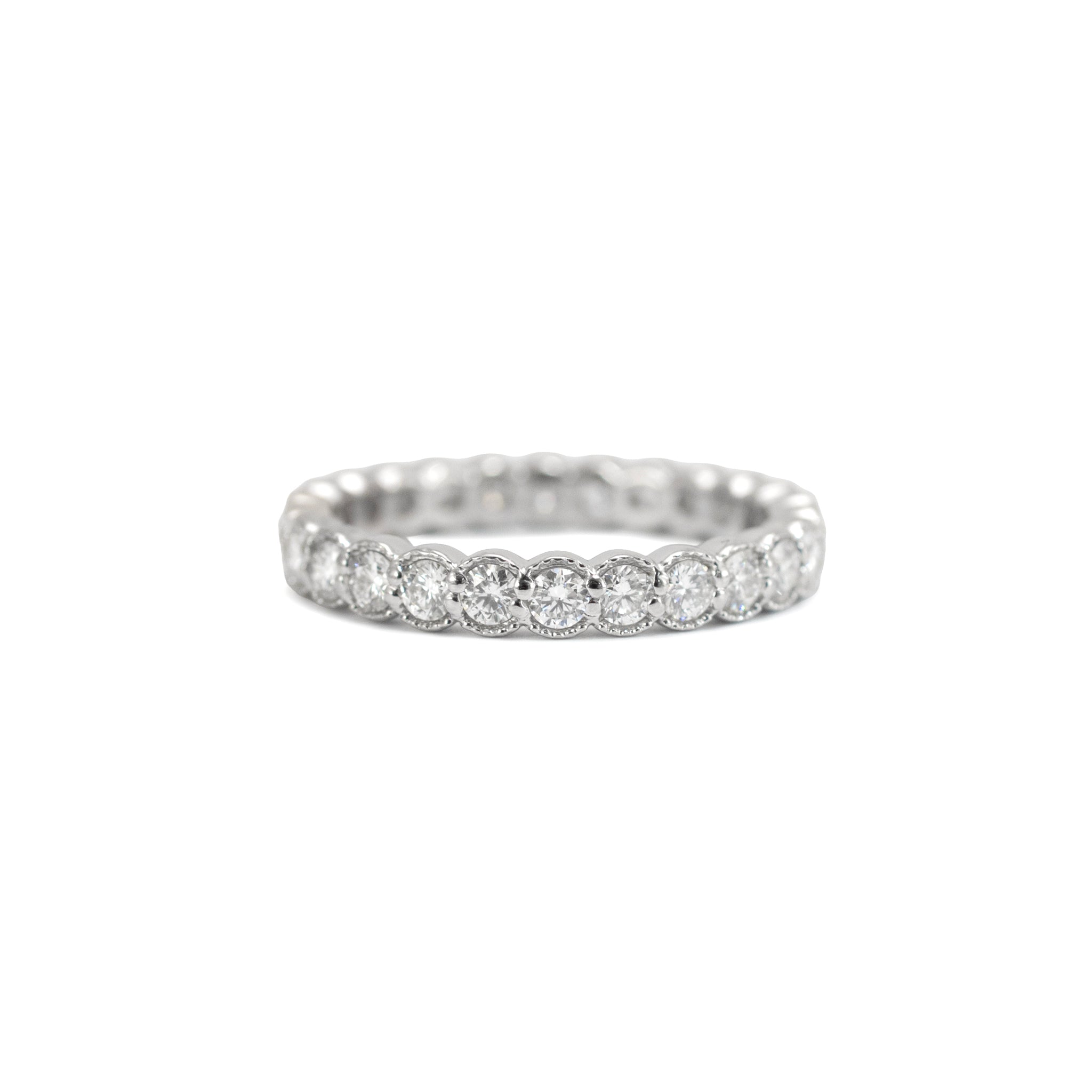 18K White Gold 1.07ct Round Cut Diamond Bezel Set Milgrain Eternity Band Ring