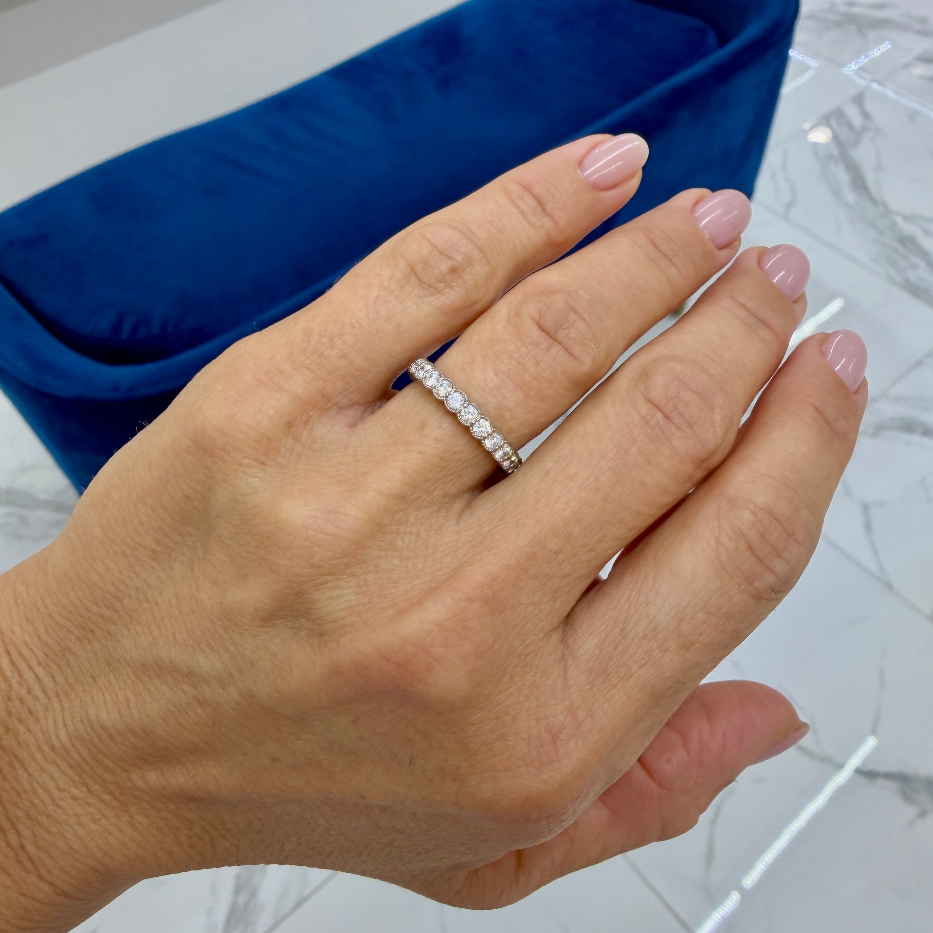 18K White Gold 1.07ct Round Cut Diamond Bezel Set Milgrain Eternity Band Ring