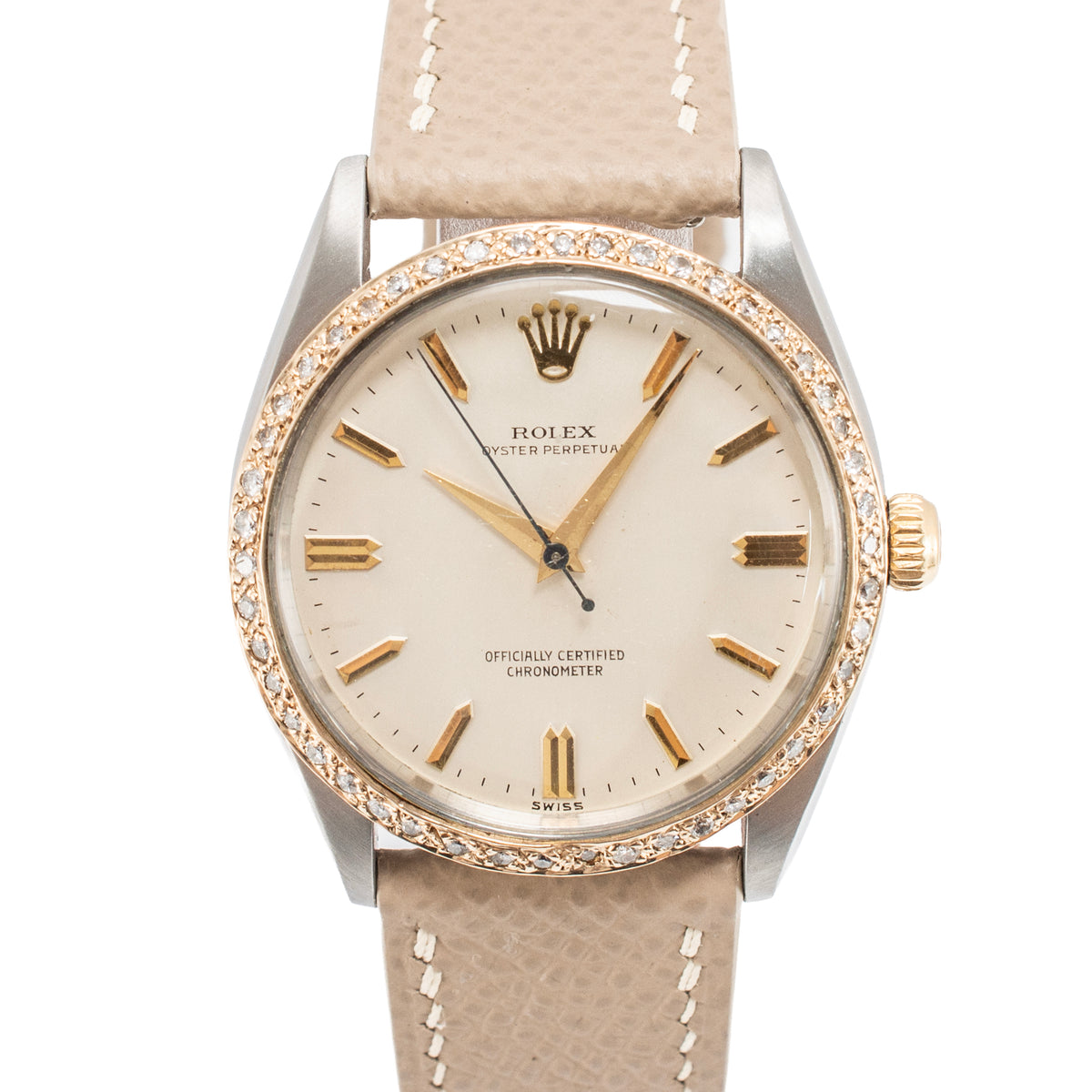 Ladies Vintage Rolex Oyster Perpetual 34MM 6567 Diamond Bezel Steel Gold Watch